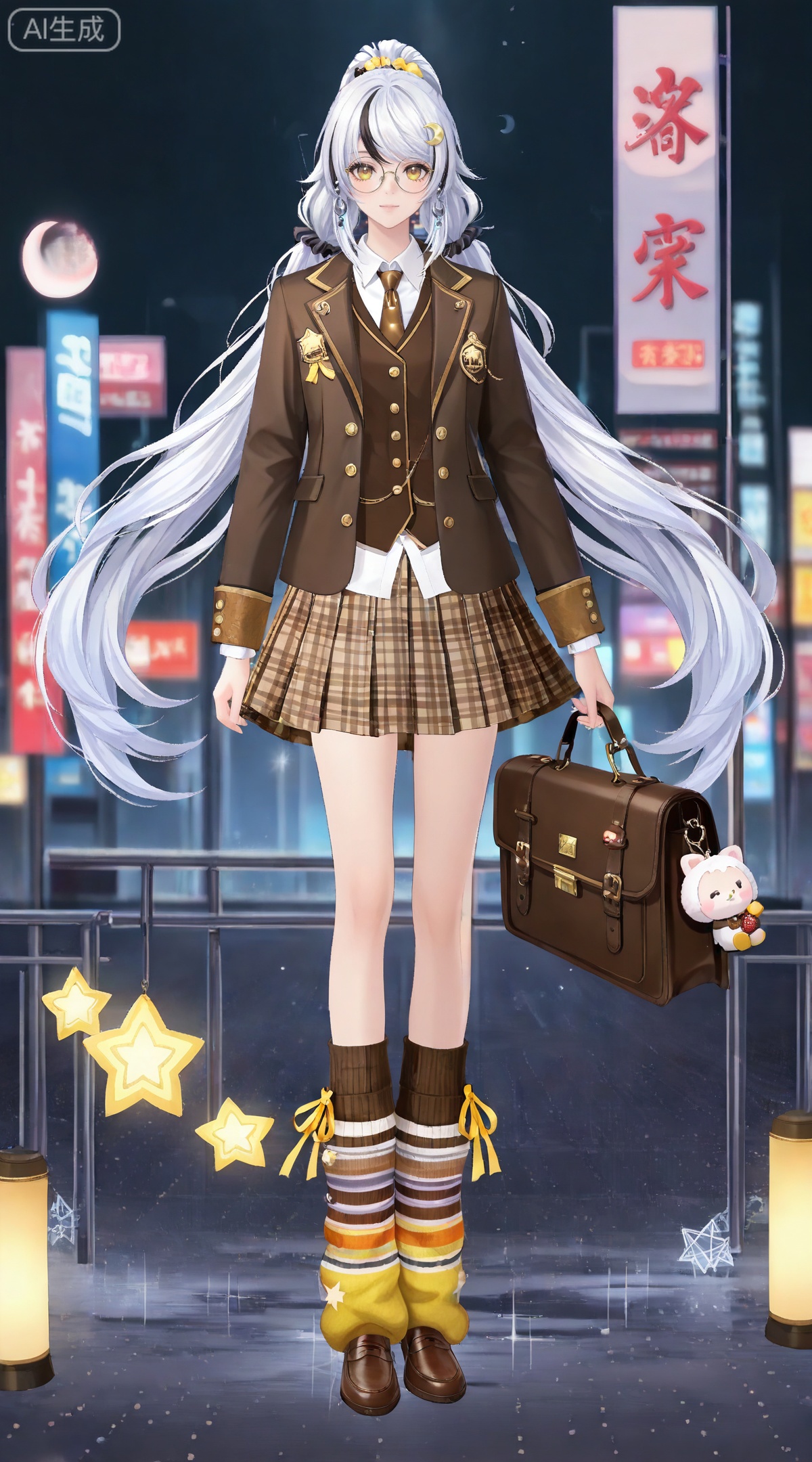 depth of field,masterpiece,best quality,very aesthetic,alternate costume,alternate costume,2024,2023,perfect composition,ultra-detailed,extreme aesthetic,masterpiece,best quality,good quality,newest,year 2024,year 2023,very aesthetic,absurdres,looking_at_viewer,colorful,
(dynamic_angle:1.2),(dutch angle:1.2),(cinematic_angle:1.1),posing,day,outdoors,
white hair,multicolored hair,streaked hair,yellow eyes,high ponytail,very long hair,zibai crescent moon hair ornament,zibai yellow ribbon,zibai braid,(white hair:1.3),multicolored hair,gradient hair,streaked hair,
1girl, skirt, solo, plaid, vest, plaid skirt, necktie, glasses, twintails, constellation, socks, shirt, scrunchie, full body, white shirt, long hair, looking at viewer, pleated skirt, standing, holding, brown vest, bag, brown eyes, hair scrunchie, brown footwear, shoes, school uniform, crescent moon, long sleeves, round eyewear, brown skirt, low twintails, moon, collared shirt, loose socks, black hair, hair ornament, charm \(object\), miniskirt, brown necktie, leg warmers, star \(symbol\), holding bag, 6