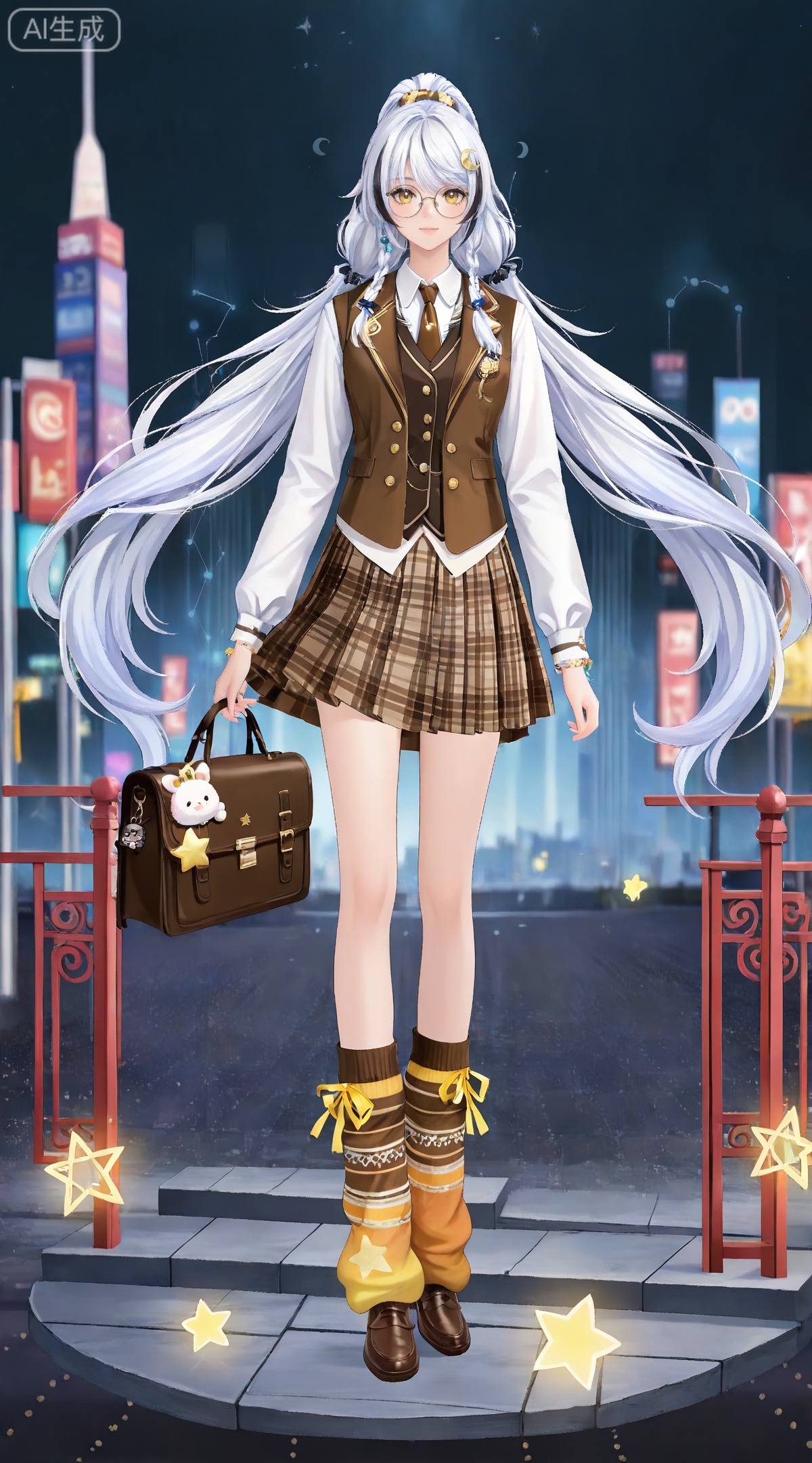 depth of field,masterpiece,best quality,very aesthetic,alternate costume,alternate costume,2024,2023,perfect composition,ultra-detailed,extreme aesthetic,masterpiece,best quality,good quality,newest,year 2024,year 2023,very aesthetic,absurdres,looking_at_viewer,colorful,
(dynamic_angle:1.2),(dutch angle:1.2),(cinematic_angle:1.1),posing,day,outdoors,
white hair,multicolored hair,streaked hair,yellow eyes,high ponytail,very long hair,zibai crescent moon hair ornament,zibai yellow ribbon,zibai braid,(white hair:1.3),multicolored hair,gradient hair,streaked hair,
1girl, skirt, solo, plaid, vest, plaid skirt, necktie, glasses, twintails, constellation, socks, shirt, scrunchie, full body, white shirt, long hair, looking at viewer, pleated skirt, standing, holding, brown vest, bag, brown eyes, hair scrunchie, brown footwear, shoes, school uniform, crescent moon, long sleeves, round eyewear, brown skirt, low twintails, moon, collared shirt, loose socks, black hair, hair ornament, charm \(object\), miniskirt, brown necktie, leg warmers, star \(symbol\), holding bag, 6