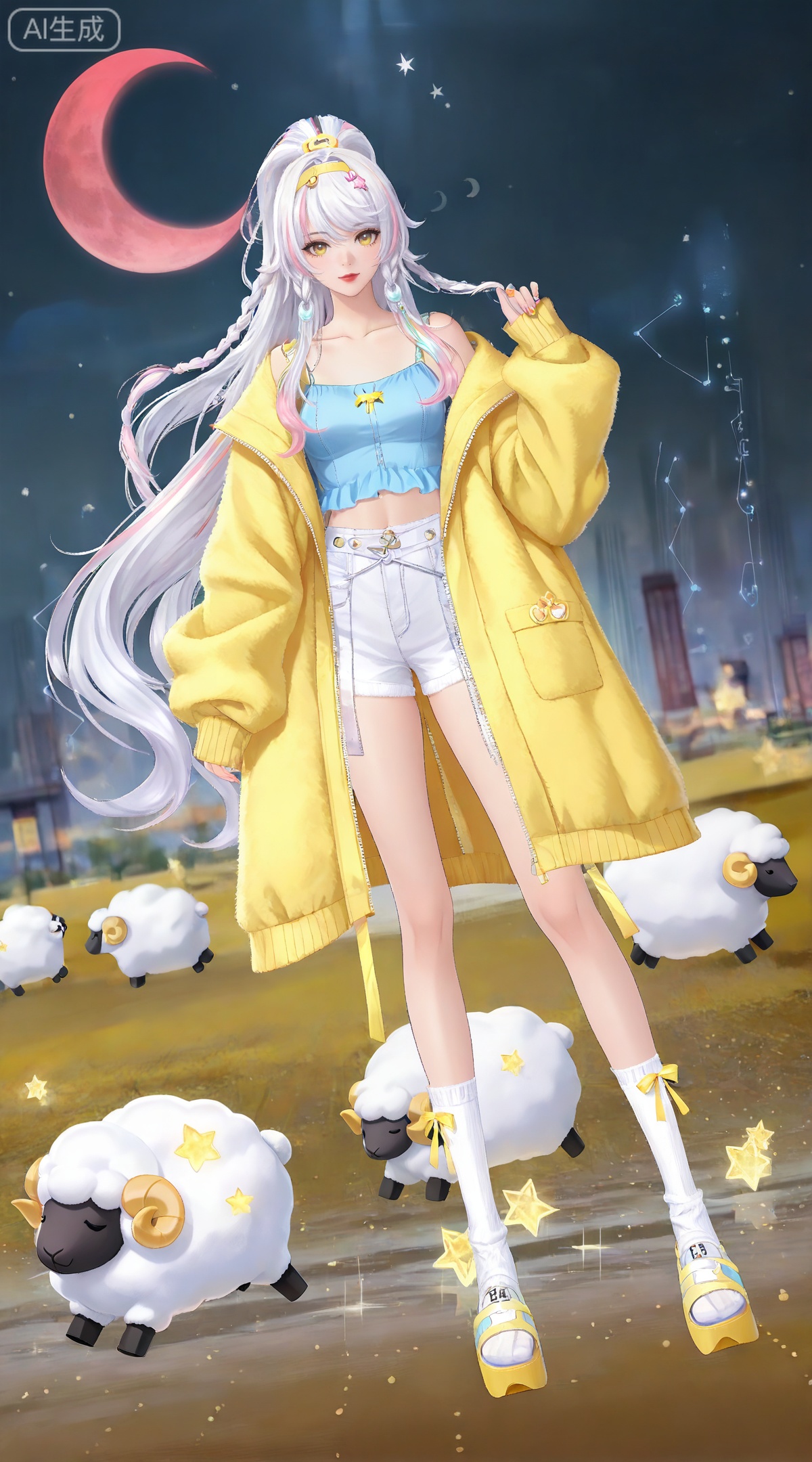 depth of field,masterpiece,best quality,very aesthetic,alternate costume,alternate costume,2024,2023,perfect composition,ultra-detailed,extreme aesthetic,masterpiece,best quality,good quality,newest,year 2024,year 2023,very aesthetic,absurdres,looking_at_viewer,colorful,
(dynamic_angle:1.2),(dutch angle:1.2),(cinematic_angle:1.1),posing,day,outdoors,
white hair,multicolored hair,streaked hair,yellow eyes,high ponytail,very long hair,zibai crescent moon hair ornament,zibai yellow ribbon,zibai braid,(white hair:1.3),multicolored hair,gradient hair,streaked hair,
1girl, solo, shorts, blonde hair, full body, long hair, platform footwear, socks, looking at viewer, white shorts, standing, bow, multicolored hair, off shoulder, red lips, midriff, sheep, yellow jacket, hairband, open clothes, jacket, white socks, collarbone, brown eyes, short shorts, crop top, shirt, constellation, hair bow, moon, blue shirt, star \(symbol\), crescent moon, yellow coat, sleeves past wrists, nail polish, coat, pink hair, 12