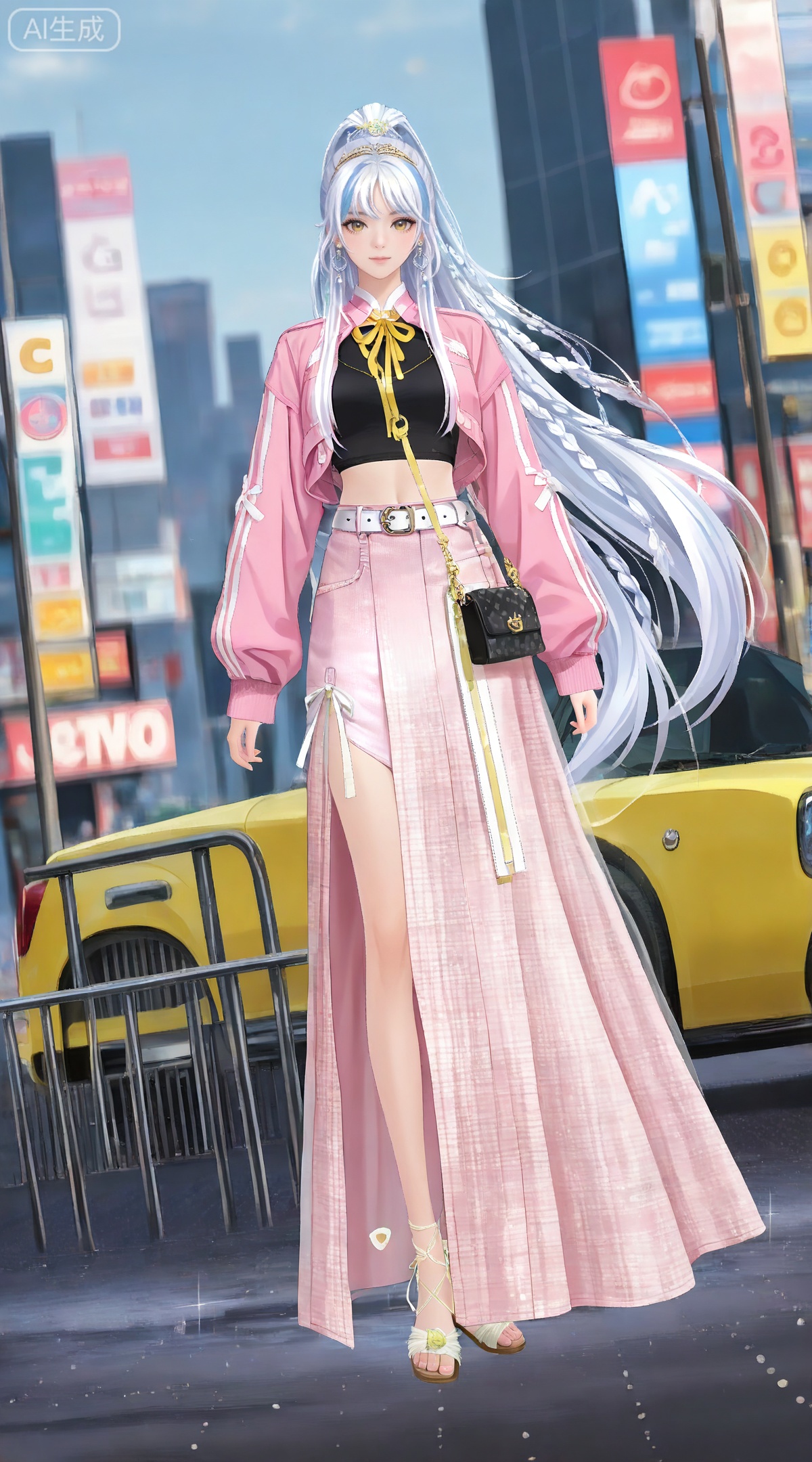 depth of field,masterpiece,best quality,very aesthetic,alternate costume,alternate costume,2024,2023,perfect composition,ultra-detailed,extreme aesthetic,masterpiece,best quality,good quality,newest,year 2024,year 2023,very aesthetic,absurdres,looking_at_viewer,colorful,
(dynamic_angle:1.2),(dutch angle:1.2),(cinematic_angle:1.1),posing,day,outdoors,
white hair,multicolored hair,streaked hair,yellow eyes,high ponytail,very long hair,zibai crescent moon hair ornament,zibai yellow ribbon,zibai braid,(white hair:1.3),multicolored hair,gradient hair,streaked hair,
1girl, solo, skirt, long hair, jewelry, pink skirt, bag, earrings, full body, brown eyes, looking at viewer, constellation, handbag, midriff, standing, belt, long sleeves, crop top, tiara, k-pop, jacket, shirt, 13