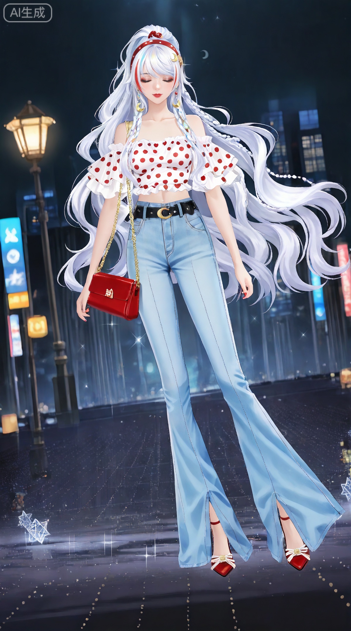 depth of field,masterpiece,best quality,very aesthetic,alternate costume,alternate costume,2024,2023,perfect composition,ultra-detailed,extreme aesthetic,masterpiece,best quality,good quality,newest,year 2024,year 2023,very aesthetic,absurdres,looking_at_viewer,colorful,
(dynamic_angle:1.2),(dutch angle:1.2),(cinematic_angle:1.1),posing,day,outdoors,
white hair,multicolored hair,streaked hair,yellow eyes,high ponytail,very long hair,zibai crescent moon hair ornament,zibai yellow ribbon,zibai braid,(white hair:1.3),multicolored hair,gradient hair,streaked hair,
1girl, solo, long hair, closed eyes, pants,  bag, handbag, denim, constellation, off-shoulder shirt, off shoulder, shirt, red lips, hairband, full body, standing, jeans, polka dot, red footwear, belt, midriff, crop top, bare shoulders, blue pants, wavy hair, collarbone, crescent moon, red hairband, high heels, facing viewer, frilled shirt, makeup, moon, fashion, nail polish, sparkle, 8