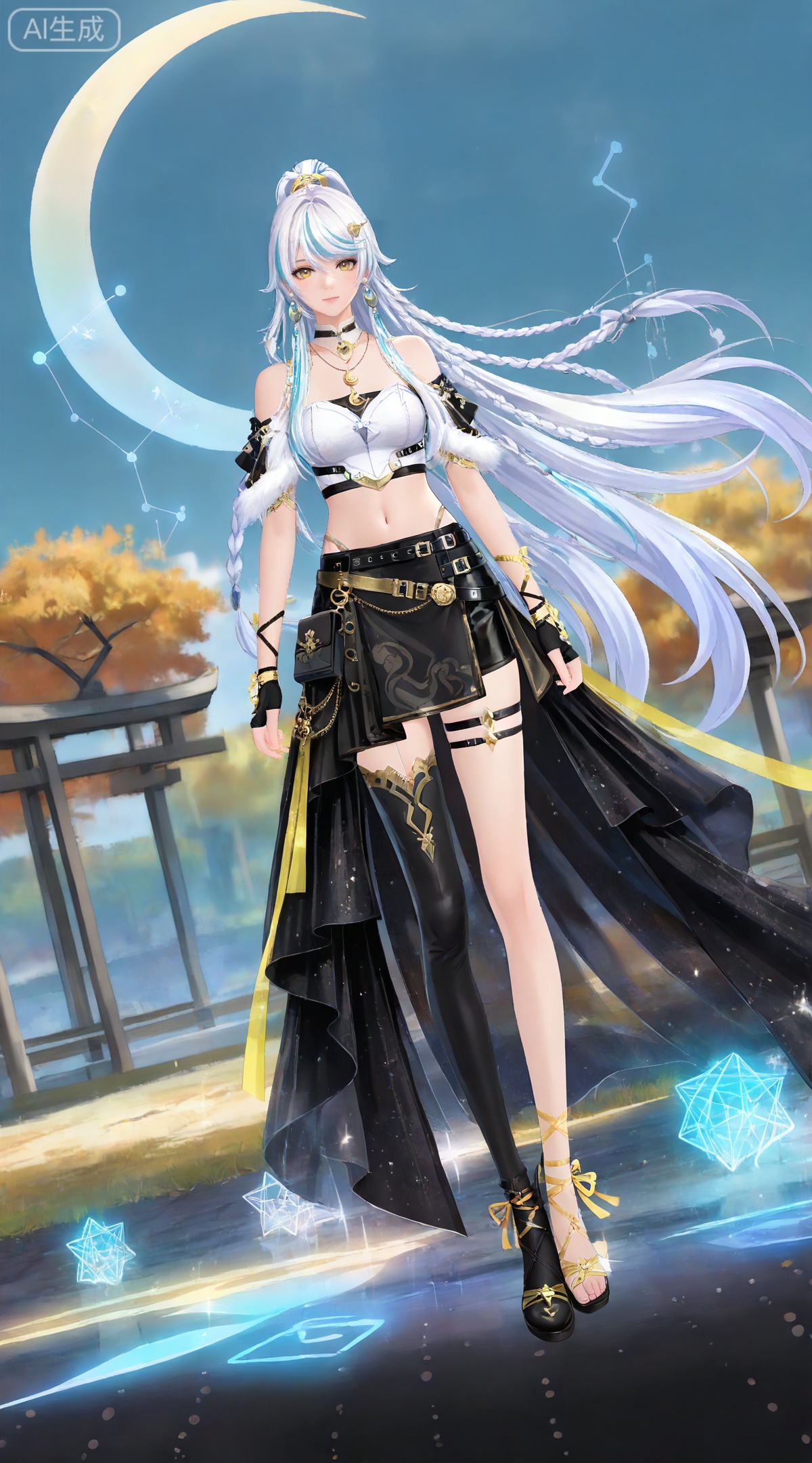 depth of field,masterpiece,best quality,very aesthetic,alternate costume,alternate costume,2024,2023,perfect composition,ultra-detailed,extreme aesthetic,masterpiece,best quality,good quality,newest,year 2024,year 2023,very aesthetic,absurdres,looking_at_viewer,colorful,
(dynamic_angle:1.2),(dutch angle:1.2),(cinematic_angle:1.1),posing,day,outdoors,
white hair,multicolored hair,streaked hair,yellow eyes,high ponytail,very long hair,zibai crescent moon hair ornament,zibai yellow ribbon,zibai braid,(white hair:1.3),multicolored hair,gradient hair,streaked hair,
1girl,solo,skirt,black skirt,jewelry,thighhighs,full body,midriff,constellation,looking at viewer,brown eyes,black footwear,asymmetrical legwear,earrings,choker,bare shoulders,crop top,fingerless gloves,standing,navel,single thighhigh,gloves,breasts,necklace,thigh strap,black thighhighs,belt,uneven legwear,11,