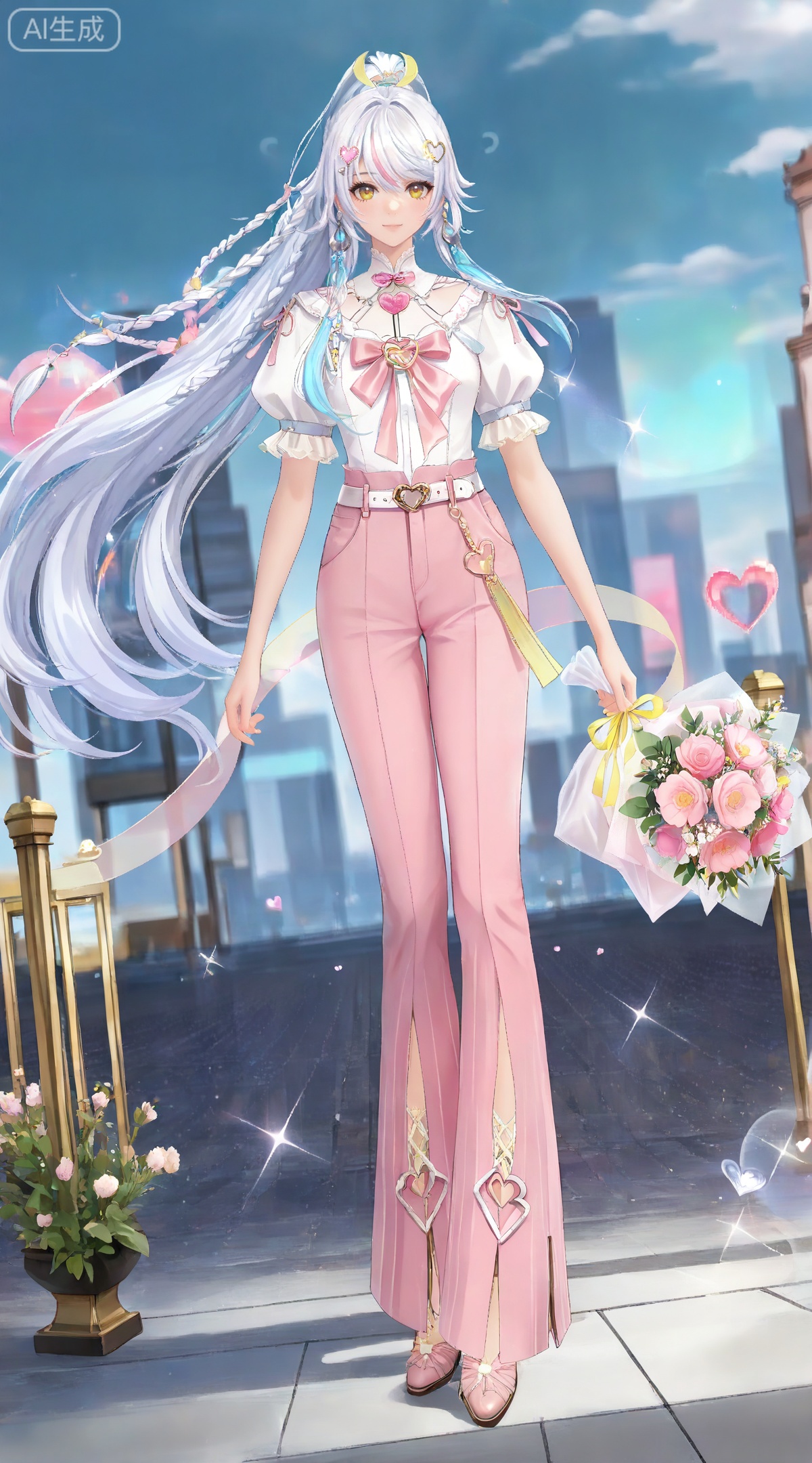 depth of field,masterpiece,best quality,very aesthetic,alternate costume,alternate costume,2024,2023,perfect composition,ultra-detailed,extreme aesthetic,masterpiece,best quality,good quality,newest,year 2024,year 2023,very aesthetic,absurdres,looking_at_viewer,colorful,
(dynamic_angle:1.2),(dutch angle:1.2),(cinematic_angle:1.1),posing,day,outdoors,
white hair,multicolored hair,streaked hair,yellow eyes,high ponytail,very long hair,zibai crescent moon hair ornament,zibai yellow ribbon,zibai braid,(white hair:1.3),multicolored hair,gradient hair,streaked hair,
1girl, solo, bouquet, long hair, flower, pants,  constellation, full body, holding bouquet, belt, heart, looking at viewer, holding, bow, pink pants, jewelry, brown eyes, pink flower, puffy sleeves, standing, pink bow, ribbon, short sleeves, sparkle, pink ribbon, 4