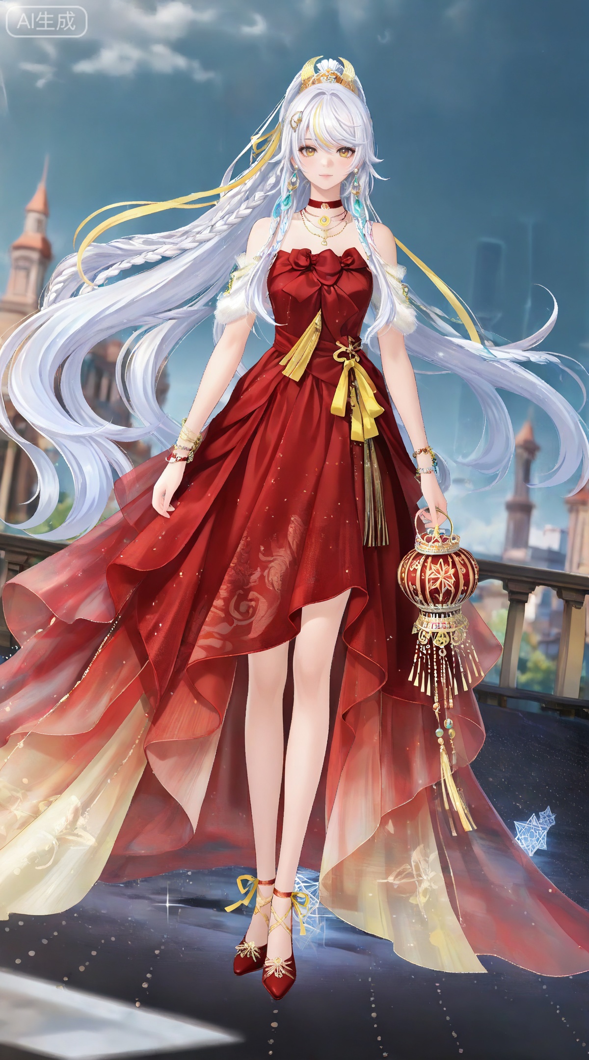 depth of field,masterpiece,best quality,very aesthetic,alternate costume,alternate costume,2024,2023,perfect composition,ultra-detailed,extreme aesthetic,masterpiece,best quality,good quality,newest,year 2024,year 2023,very aesthetic,absurdres,looking_at_viewer,colorful,
(dynamic_angle:1.2),(dutch angle:1.2),(cinematic_angle:1.1),posing,day,outdoors,
white hair,multicolored hair,streaked hair,yellow eyes,high ponytail,very long hair,zibai crescent moon hair ornament,zibai yellow ribbon,zibai braid,(white hair:1.3),multicolored hair,gradient hair,streaked hair,
1girl, dress, red dress, solo, jewelry, long hair, full body, red choker, necklace, hair ornament, bare shoulders, holding, bracelet, constellation, earrings, looking at viewer, choker, red footwear, standing, brown eyes, crown, 5