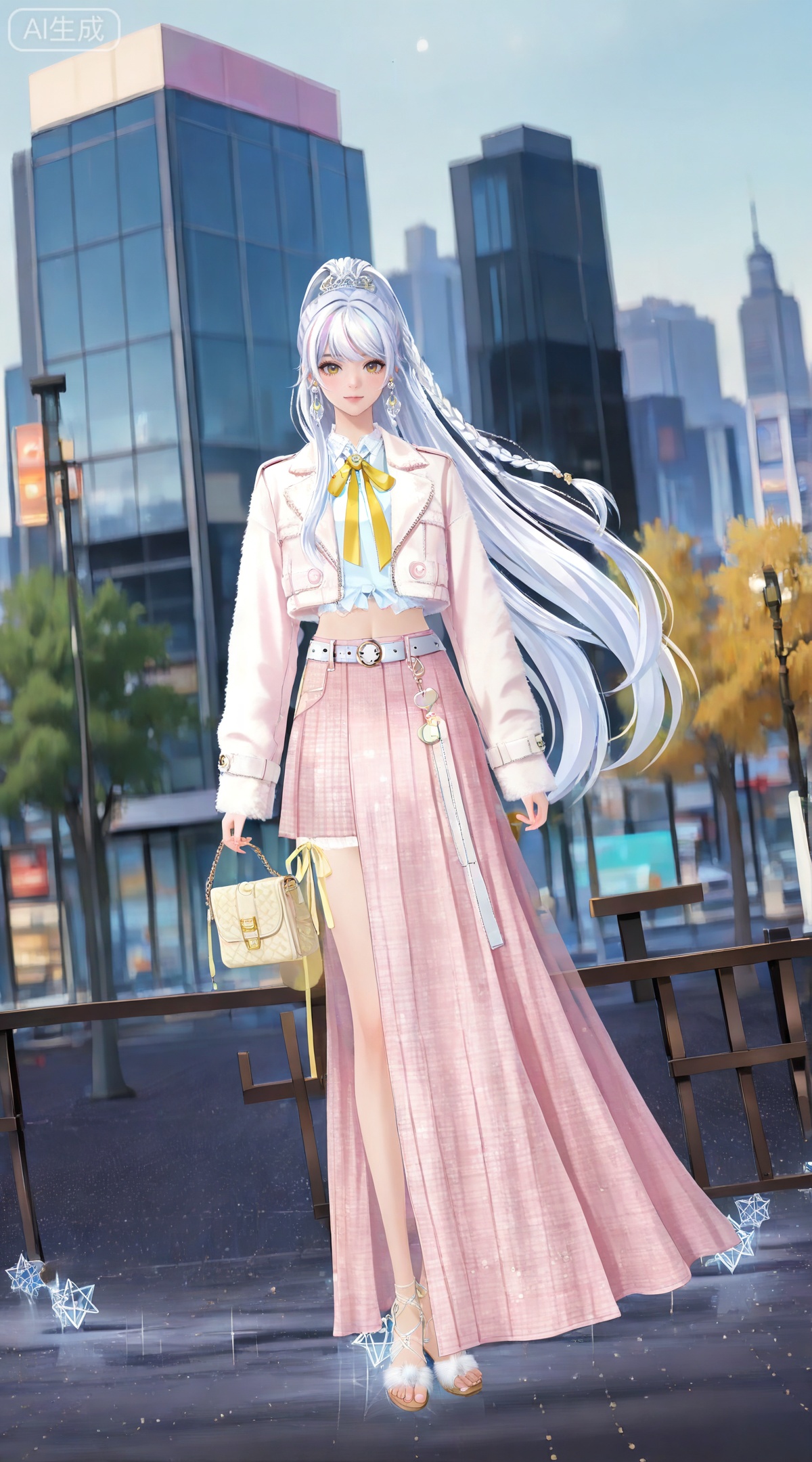 depth of field,masterpiece,best quality,very aesthetic,alternate costume,alternate costume,2024,2023,perfect composition,ultra-detailed,extreme aesthetic,masterpiece,best quality,good quality,newest,year 2024,year 2023,very aesthetic,absurdres,looking_at_viewer,colorful,
(dynamic_angle:1.2),(dutch angle:1.2),(cinematic_angle:1.1),posing,day,outdoors,
white hair,multicolored hair,streaked hair,yellow eyes,high ponytail,very long hair,zibai crescent moon hair ornament,zibai yellow ribbon,zibai braid,(white hair:1.3),multicolored hair,gradient hair,streaked hair,
1girl, solo, skirt, long hair, jewelry, pink skirt, bag, earrings, full body, brown eyes, looking at viewer, constellation, handbag, midriff, standing, belt, long sleeves, crop top, tiara, k-pop, jacket, shirt, 13