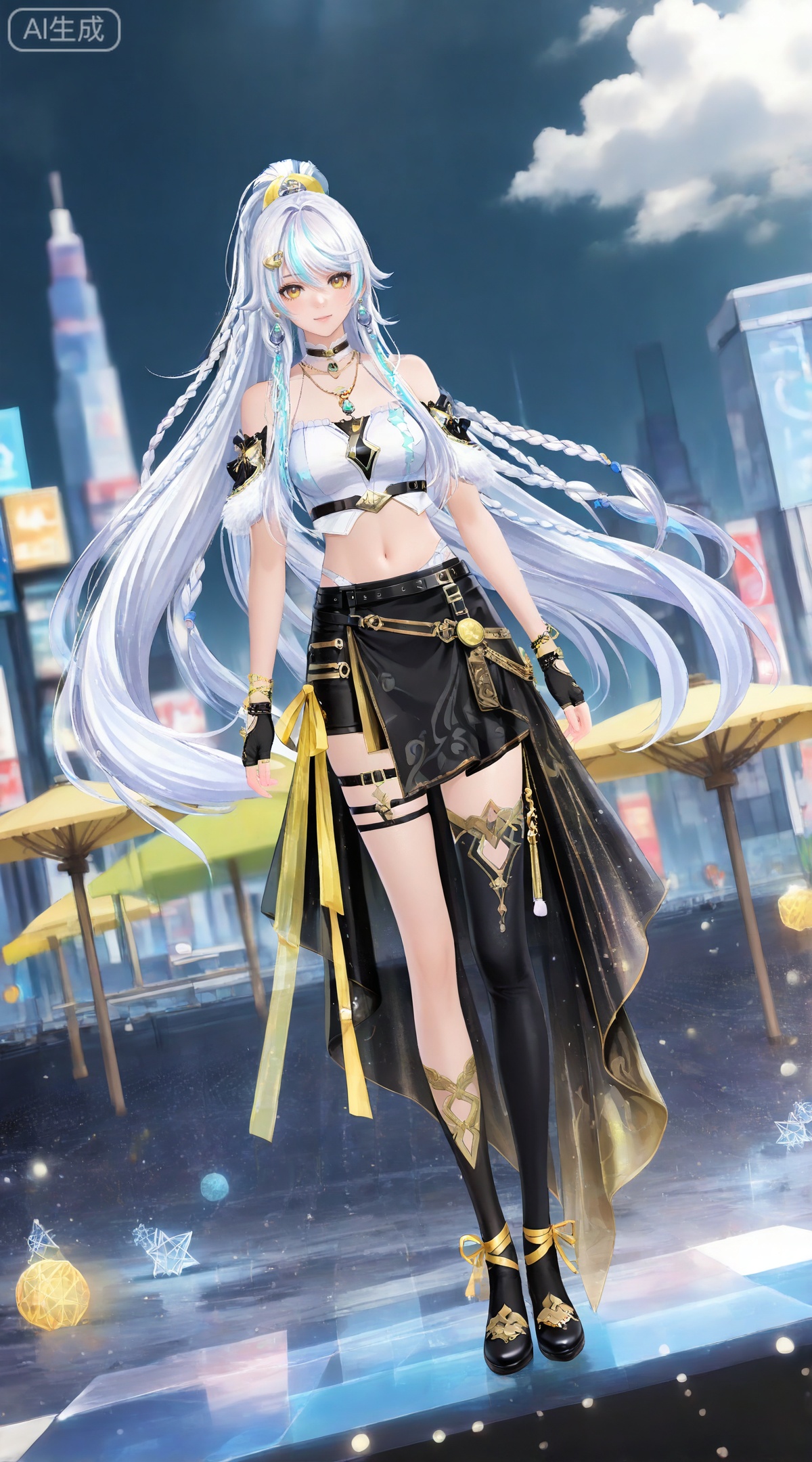 depth of field,masterpiece,best quality,very aesthetic,alternate costume,alternate costume,2024,2023,perfect composition,ultra-detailed,extreme aesthetic,masterpiece,best quality,good quality,newest,year 2024,year 2023,very aesthetic,absurdres,looking_at_viewer,colorful,
(dynamic_angle:1.2),(dutch angle:1.2),(cinematic_angle:1.1),posing,day,outdoors,
white hair,multicolored hair,streaked hair,yellow eyes,high ponytail,very long hair,zibai crescent moon hair ornament,zibai yellow ribbon,zibai braid,(white hair:1.3),multicolored hair,gradient hair,streaked hair,
1girl,solo,skirt,black skirt,jewelry,thighhighs,full body,midriff,constellation,looking at viewer,brown eyes,black footwear,asymmetrical legwear,earrings,choker,bare shoulders,crop top,fingerless gloves,standing,navel,single thighhigh,gloves,breasts,necklace,thigh strap,black thighhighs,belt,uneven legwear,11,