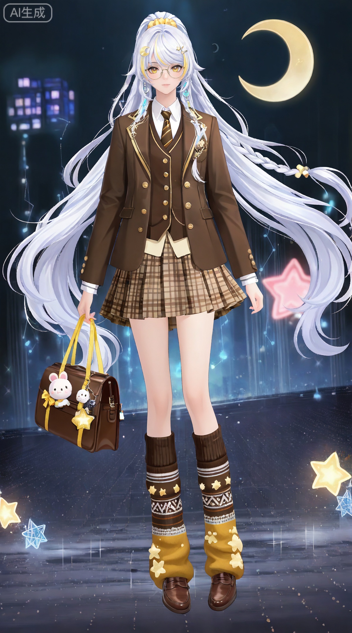 depth of field,masterpiece,best quality,very aesthetic,alternate costume,alternate costume,2024,2023,perfect composition,ultra-detailed,extreme aesthetic,masterpiece,best quality,good quality,newest,year 2024,year 2023,very aesthetic,absurdres,looking_at_viewer,colorful,
(dynamic_angle:1.2),(dutch angle:1.2),(cinematic_angle:1.1),posing,day,outdoors,
white hair,multicolored hair,streaked hair,yellow eyes,high ponytail,very long hair,zibai crescent moon hair ornament,zibai yellow ribbon,zibai braid,(white hair:1.3),multicolored hair,gradient hair,streaked hair,
1girl, skirt, solo, plaid, vest, plaid skirt, necktie, glasses, twintails, constellation, socks, shirt, scrunchie, full body, white shirt, long hair, looking at viewer, pleated skirt, standing, holding, brown vest, bag, brown eyes, hair scrunchie, brown footwear, shoes, school uniform, crescent moon, long sleeves, round eyewear, brown skirt, moon, collared shirt, loose socks, hair ornament, charm \(object\), miniskirt, brown necktie, leg warmers, star \(symbol\), holding bag, 6