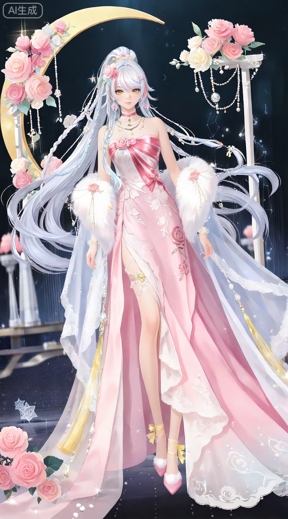 depth of field,masterpiece,best quality,very aesthetic,alternate costume,alternate costume,2024,2023,perfect composition,ultra-detailed,extreme aesthetic,masterpiece,best quality,good quality,newest,year 2024,year 2023,very aesthetic,absurdres,looking_at_viewer,colorful,
(dynamic_angle:1.2),(dutch angle:1.2),(cinematic_angle:1.1),posing,
white hair,multicolored hair,streaked hair,yellow eyes,high ponytail,very long hair,zibai crescent moon hair ornament,zibai yellow ribbon,zibai braid,(white hair:1.3),multicolored hair,gradient hair,streaked hair,
1girl, solo, dress, flower, jewelry, pink dress, constellation, looking at viewer, full body, standing, long hair, earrings, hair ornament, pink footwear, necklace, bare shoulders, brown eyes, strapless, rose, pink flower, hair flower, breasts, pink rose, grey hair, strapless dress, sparkle, arms at sides, choker, lips, 1