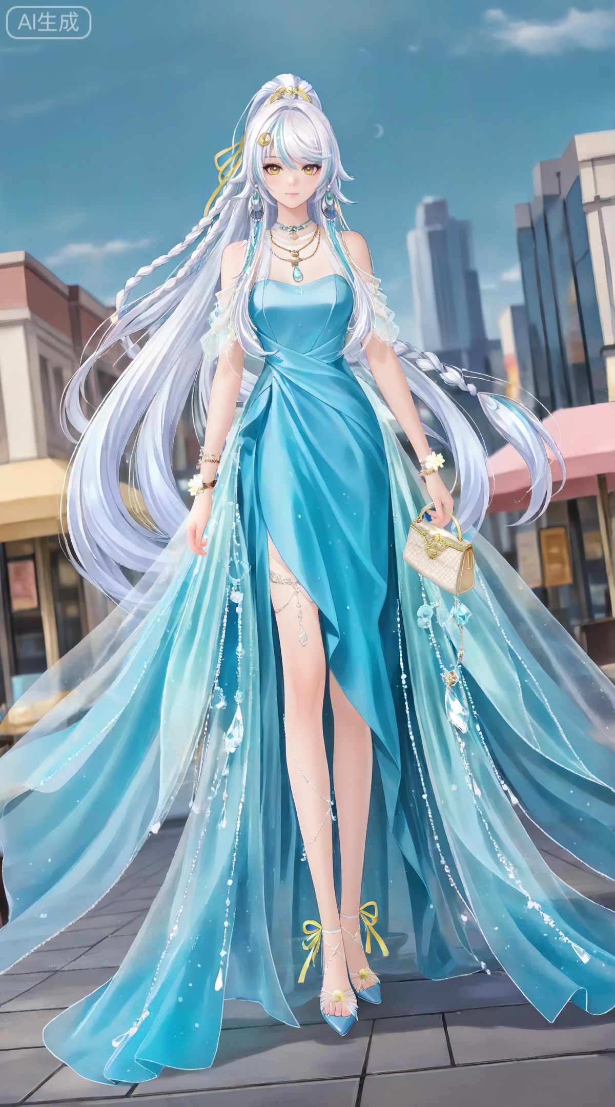 depth of field,masterpiece,best quality,very aesthetic,alternate costume,alternate costume,2024,2023,perfect composition,ultra-detailed,extreme aesthetic,masterpiece,best quality,good quality,newest,year 2024,year 2023,very aesthetic,absurdres,looking_at_viewer,colorful,
(dynamic_angle:1.2),(dutch angle:1.2),(cinematic_angle:1.1),posing,day,outdoors,
white hair,multicolored hair,streaked hair,yellow eyes,high ponytail,very long hair,zibai crescent moon hair ornament,zibai yellow ribbon,zibai braid,(white hair:1.3),multicolored hair,gradient hair,streaked hair,
1girl, dress, solo, jewelry, necklace, blue dress, brown eyes, full body, bracelet, high heels, bag, holding, looking at viewer, standing, handbag, bare shoulders, 15