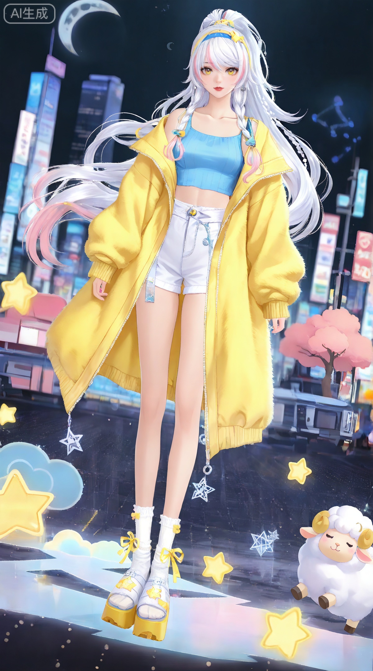 depth of field,masterpiece,best quality,very aesthetic,alternate costume,alternate costume,2024,2023,perfect composition,ultra-detailed,extreme aesthetic,masterpiece,best quality,good quality,newest,year 2024,year 2023,very aesthetic,absurdres,looking_at_viewer,colorful,
(dynamic_angle:1.2),(dutch angle:1.2),(cinematic_angle:1.1),posing,day,outdoors,
white hair,multicolored hair,streaked hair,yellow eyes,high ponytail,very long hair,zibai crescent moon hair ornament,zibai yellow ribbon,zibai braid,(white hair:1.3),multicolored hair,gradient hair,streaked hair,
1girl, solo, shorts, blonde hair, full body, long hair, platform footwear, socks, looking at viewer, white shorts, standing, bow, multicolored hair, off shoulder, red lips, midriff, sheep, yellow jacket, hairband, open clothes, jacket, white socks, collarbone, brown eyes, short shorts, crop top, shirt, constellation, hair bow, moon, blue shirt, star \(symbol\), crescent moon, yellow coat, sleeves past wrists, nail polish, coat, pink hair, 12