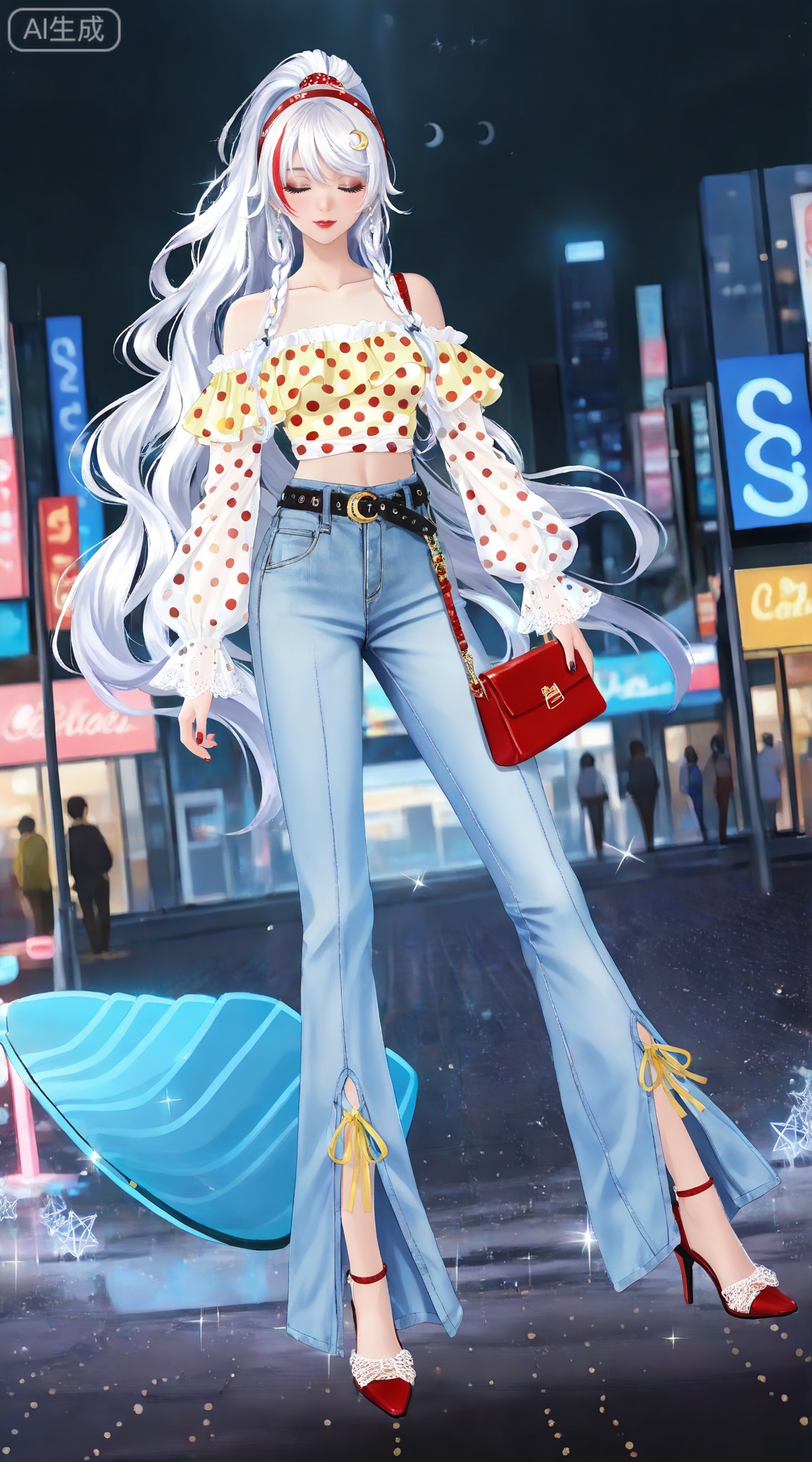 depth of field,masterpiece,best quality,very aesthetic,alternate costume,alternate costume,2024,2023,perfect composition,ultra-detailed,extreme aesthetic,masterpiece,best quality,good quality,newest,year 2024,year 2023,very aesthetic,absurdres,looking_at_viewer,colorful,
(dynamic_angle:1.2),(dutch angle:1.2),(cinematic_angle:1.1),posing,day,outdoors,
white hair,multicolored hair,streaked hair,yellow eyes,high ponytail,very long hair,zibai crescent moon hair ornament,zibai yellow ribbon,zibai braid,(white hair:1.3),multicolored hair,gradient hair,streaked hair,
1girl, solo, long hair, closed eyes, pants,  bag, handbag, denim, constellation, off-shoulder shirt, off shoulder, shirt, red lips, hairband, full body, standing, jeans, polka dot, red footwear, belt, midriff, crop top, bare shoulders, blue pants, wavy hair, collarbone, crescent moon, red hairband, high heels, facing viewer, frilled shirt, makeup, moon, fashion, nail polish, sparkle, 8
