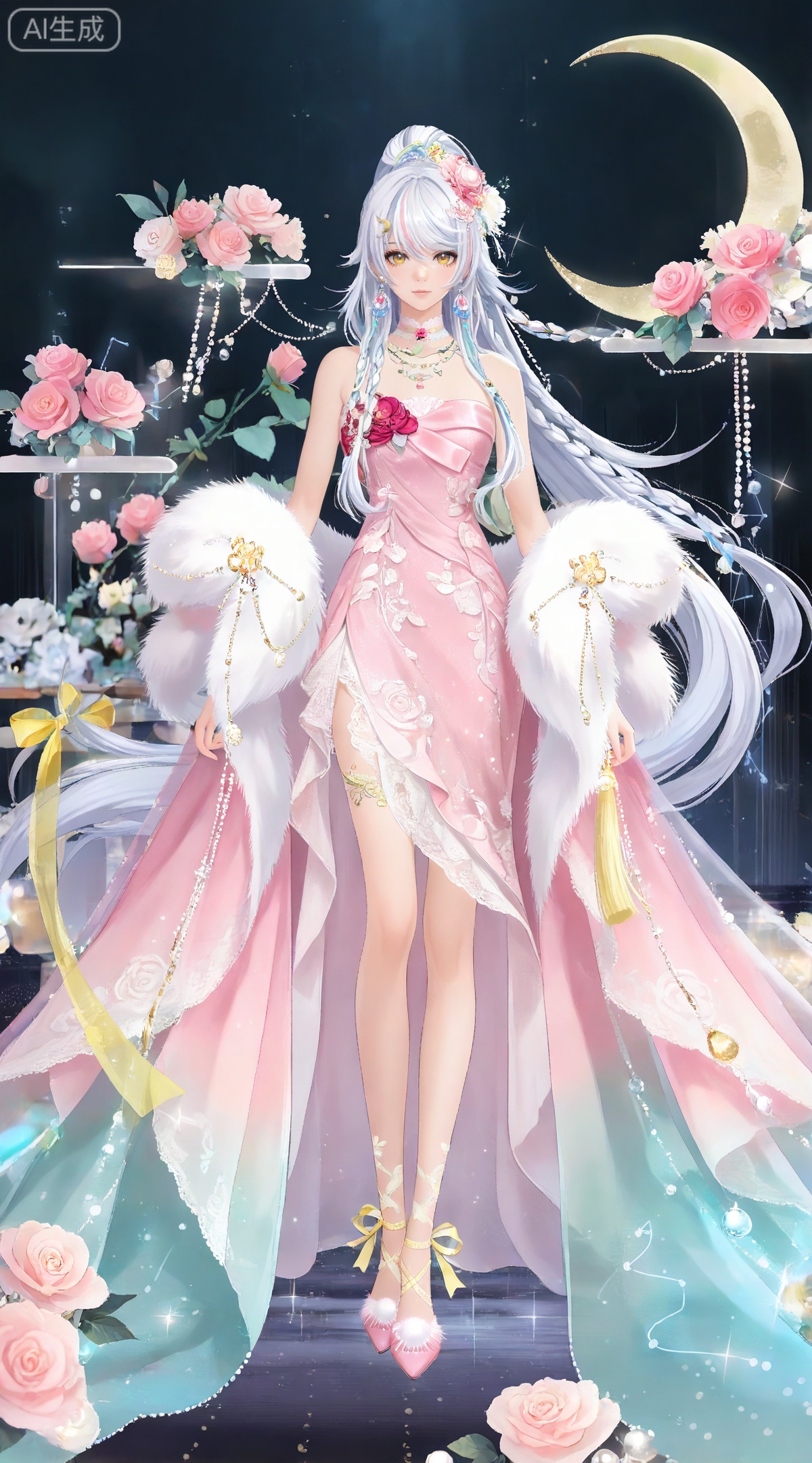 depth of field,masterpiece,best quality,very aesthetic,alternate costume,alternate costume,2024,2023,perfect composition,ultra-detailed,extreme aesthetic,masterpiece,best quality,good quality,newest,year 2024,year 2023,very aesthetic,absurdres,looking_at_viewer,colorful,
(dynamic_angle:1.2),(dutch angle:1.2),(cinematic_angle:1.1),posing,
white hair,multicolored hair,streaked hair,yellow eyes,high ponytail,very long hair,zibai crescent moon hair ornament,zibai yellow ribbon,zibai braid,(white hair:1.3),multicolored hair,gradient hair,streaked hair,
1girl, solo, dress, flower, jewelry, pink dress, constellation, looking at viewer, full body, standing, long hair, earrings, hair ornament, pink footwear, necklace, bare shoulders, brown eyes, strapless, rose, pink flower, hair flower, breasts, pink rose, grey hair, strapless dress, sparkle, arms at sides, choker, lips, 1