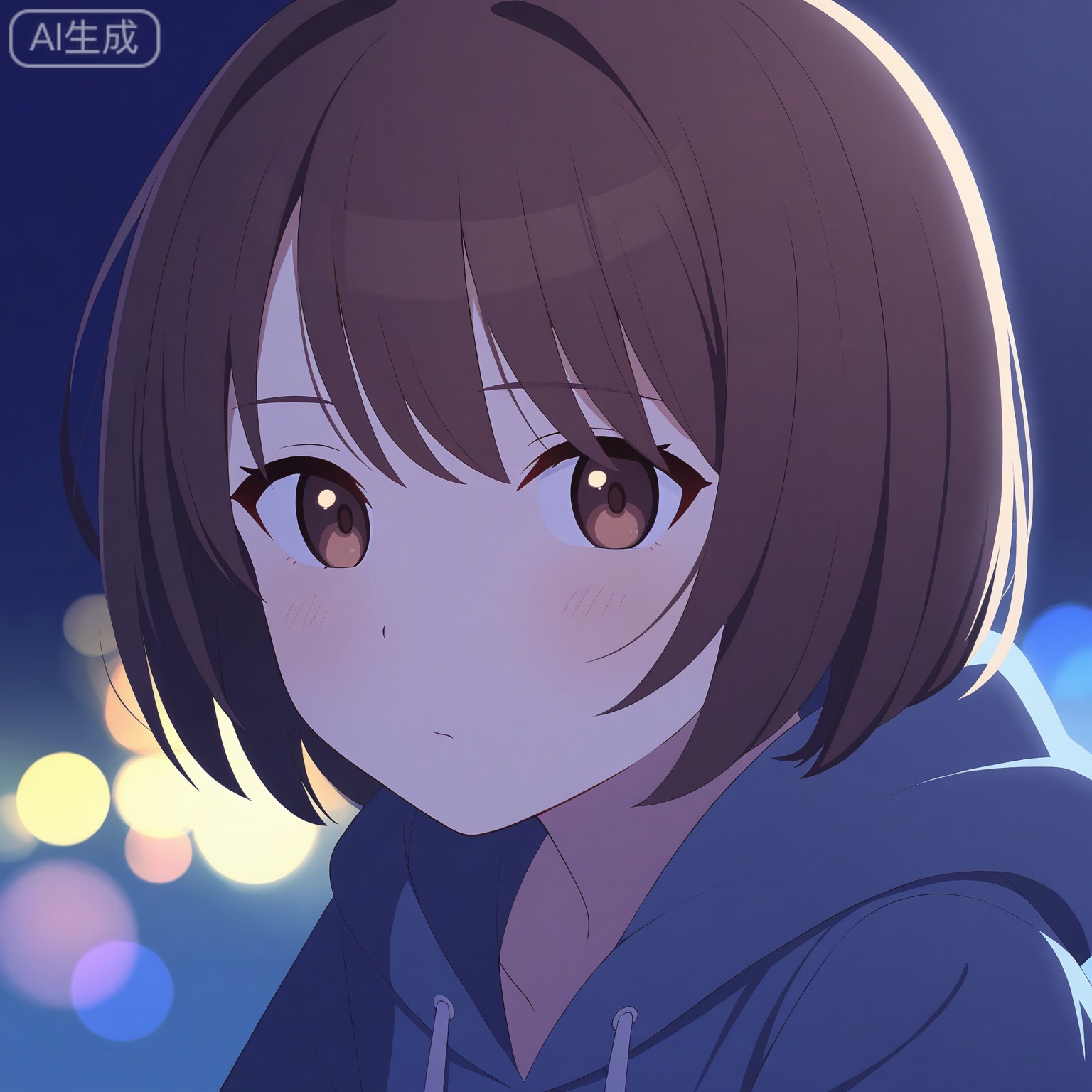 1girl, solo,
short_hair, ash_brown_hair, brown_eyes,
upper_body, portrait, head_and_shoulders, close-up,
casual_clothes, hoodie,
looking_at_viewer, neutral_expression,
soft_blush,
night, convenience_store_background,
cool_light, neon_glow,
depth_of_field, bokeh,
clean_composition, high_detail, masterpiece