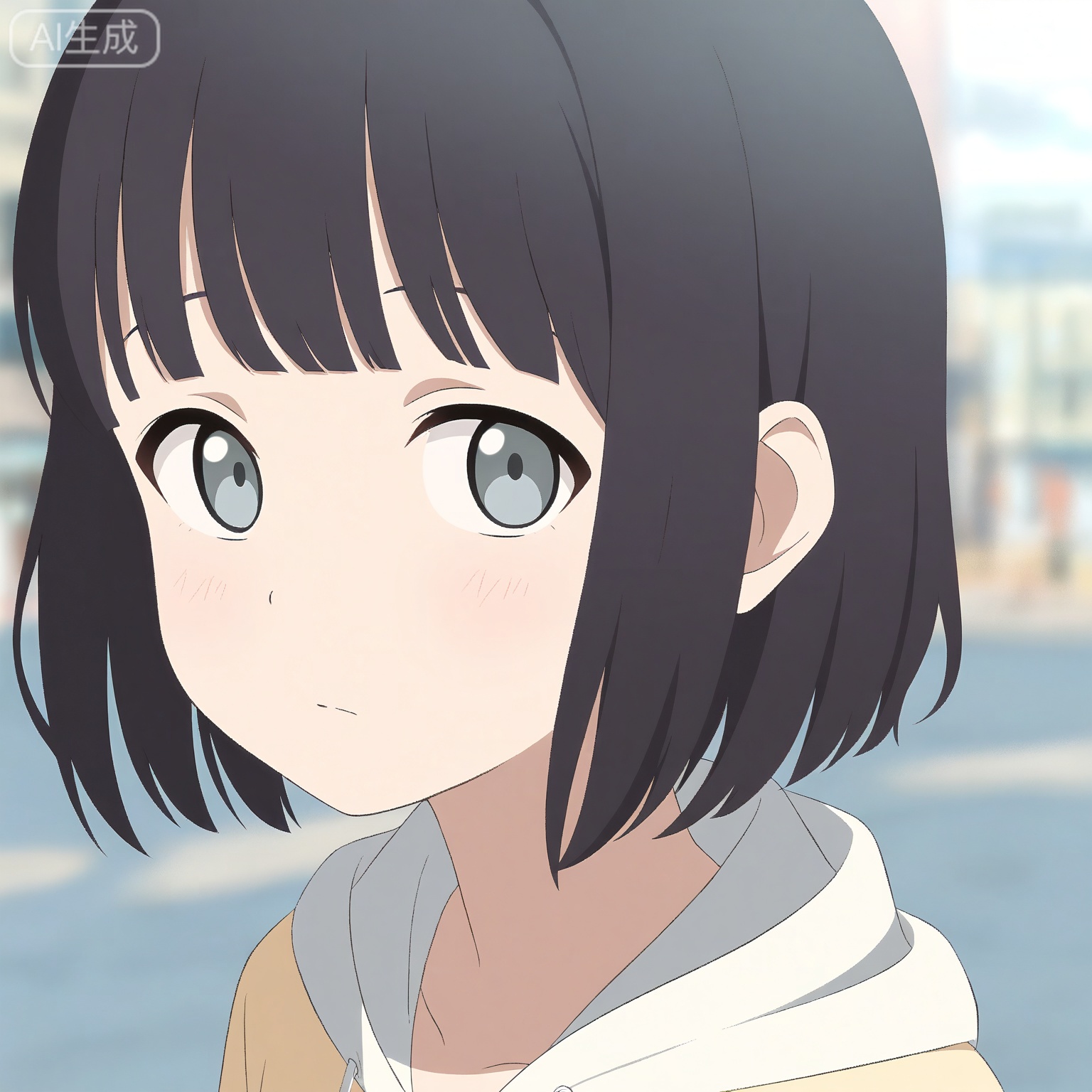 1girl, solo,
young_girl,
short_hair, black_hair, grey_eyes,
upper_body, portrait, head_and_shoulders,
hoodie, casual_style,
looking_at_viewer, relaxed_expression,
city_background, street,
natural_light,
depth_of_field, blurry_background,
anime_style, high_detail, masterpiece