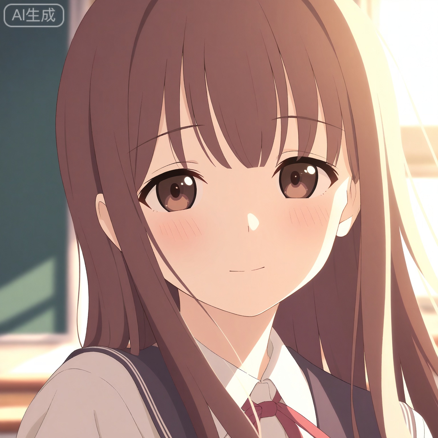 1girl, solo,
long_hair, brown_hair, brown_eyes,
upper_body, portrait, head_and_shoulders, close-up,
school_uniform, white_shirt, ribbon,
looking_at_viewer, gentle_smile,
soft_blush,
morning_light, window_light,
classroom_background,
depth_of_field, blurry_background,
clean_style, high_detail, masterpiece