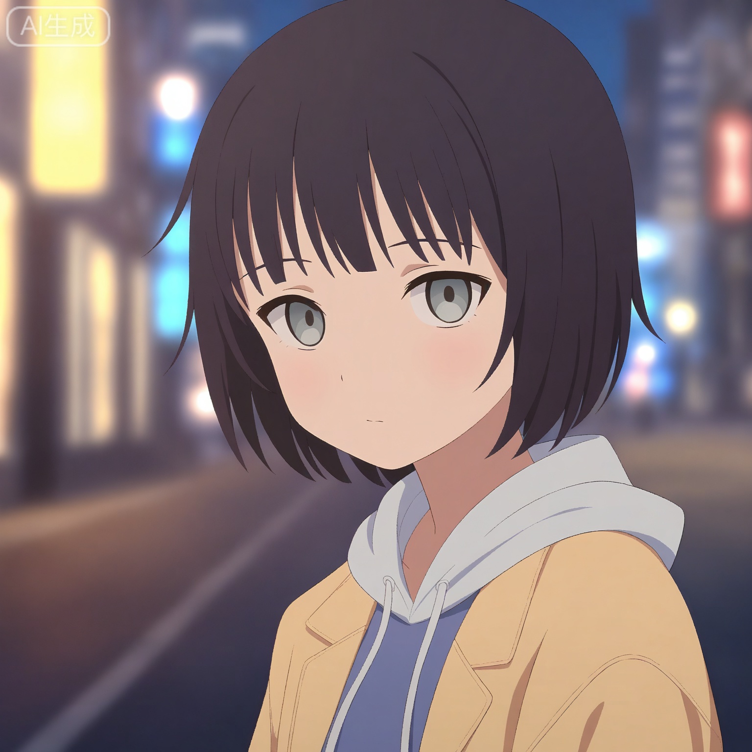 1girl, solo,
young_girl,
short_hair, black_hair, grey_eyes,
upper_body, portrait, head_and_shoulders,
hoodie, casual_style,
looking_at_viewer, relaxed_expression,
city_background, street,
natural_light,
depth_of_field, blurry_background,
anime_style, high_detail, masterpiece