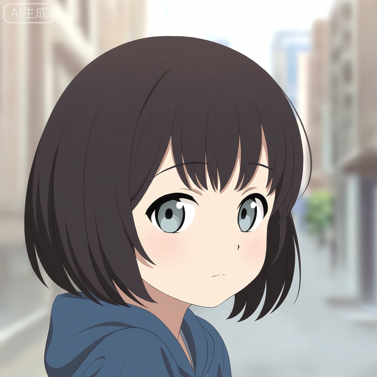 1girl, solo,
young_girl,
short_hair, black_hair, grey_eyes,
upper_body, portrait, head_and_shoulders,
hoodie, casual_style,
looking_at_viewer, relaxed_expression,
city_background, street,
natural_light,
depth_of_field, blurry_background,
anime_style, high_detail, masterpiece