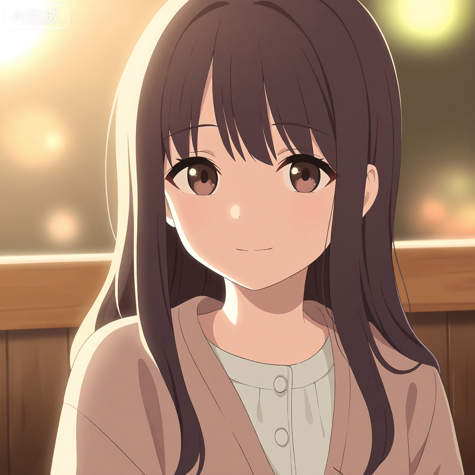 1girl, solo,
long_hair, dark_brown_hair, hazel_eyes,
upper_body, portrait, head_and_shoulders,
casual_clothes, cardigan, white_shirt,
looking_at_viewer, soft_smile,
indoor_light, warm_lighting,
cafe_background, wooden_table,
depth_of_field,
illustration, high_detail, masterpiece