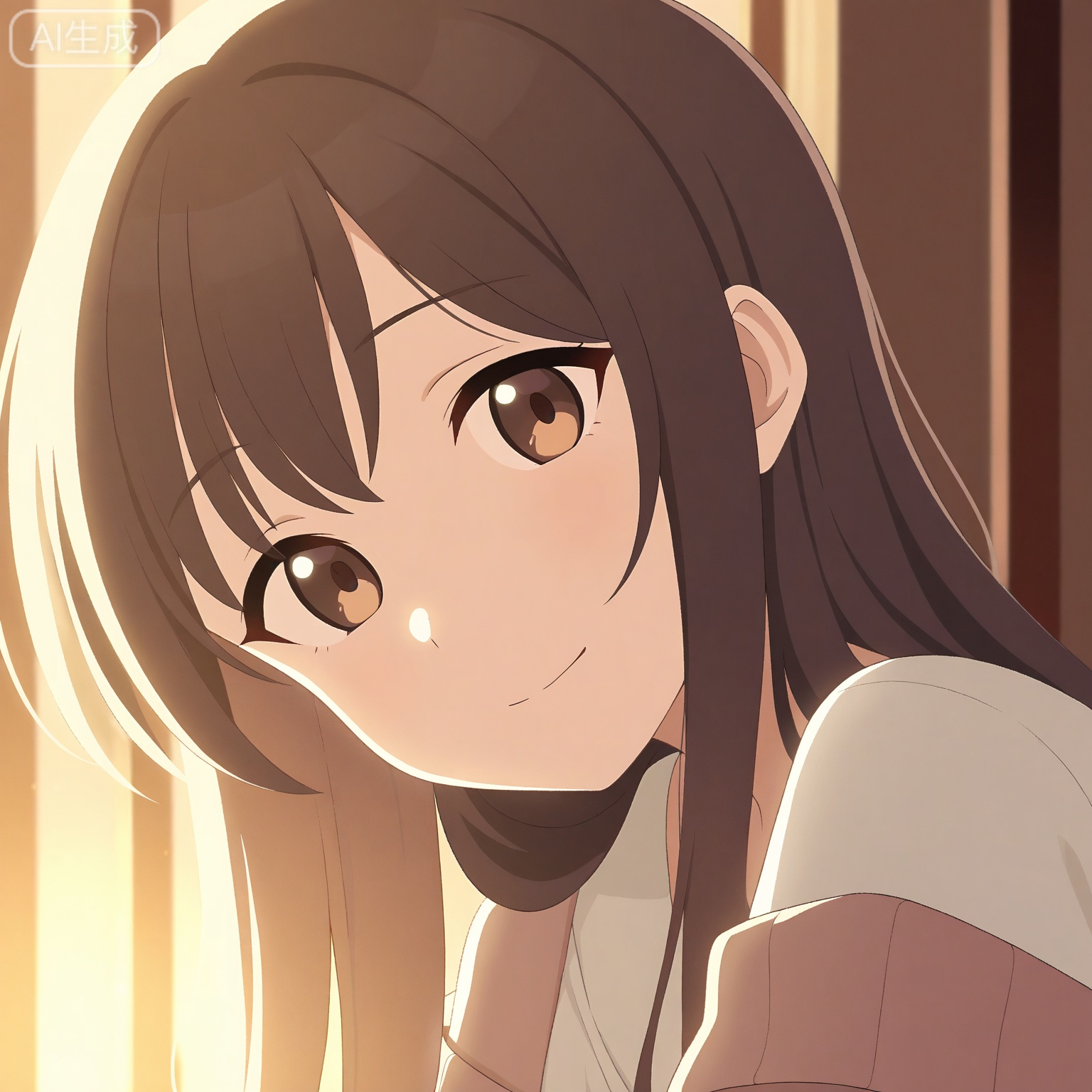 1girl, solo,
long_hair, dark_brown_hair, hazel_eyes,
upper_body, portrait, head_and_shoulders,
casual_clothes, cardigan, white_shirt,
looking_at_viewer, soft_smile,
indoor_light, warm_lighting,
cafe_background, wooden_table,
depth_of_field,
illustration, high_detail, masterpiece