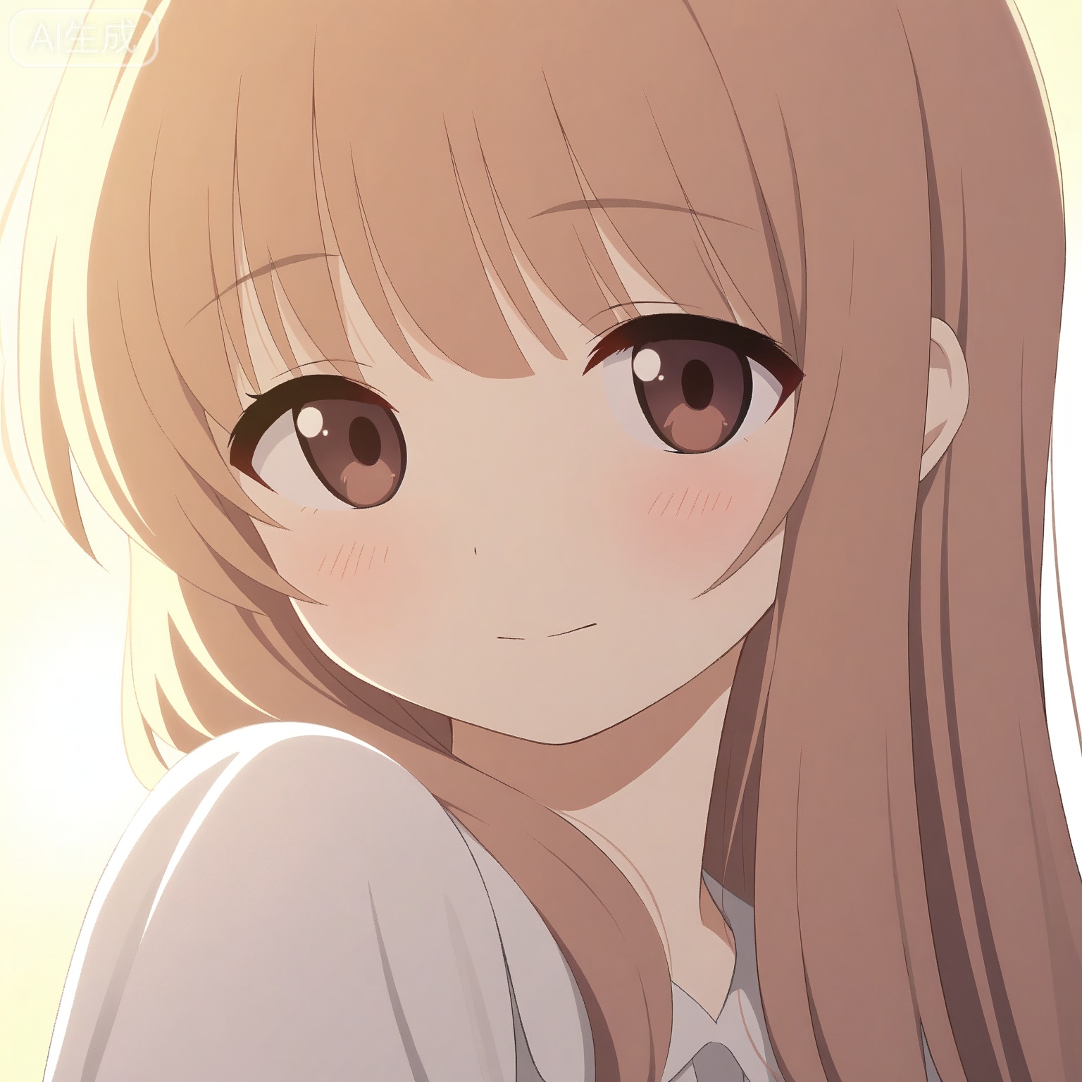 1girl, solo,
young_girl,
long_hair, light_brown_hair, brown_eyes,
upper_body, portrait, head_and_shoulders, close-up,
casual_clothes, white_shirt,
looking_at_viewer, gentle_smile,
soft_blush,
daylight, soft_lighting,
simple_background,
depth_of_field,
clean_style, high_detail, masterpiece