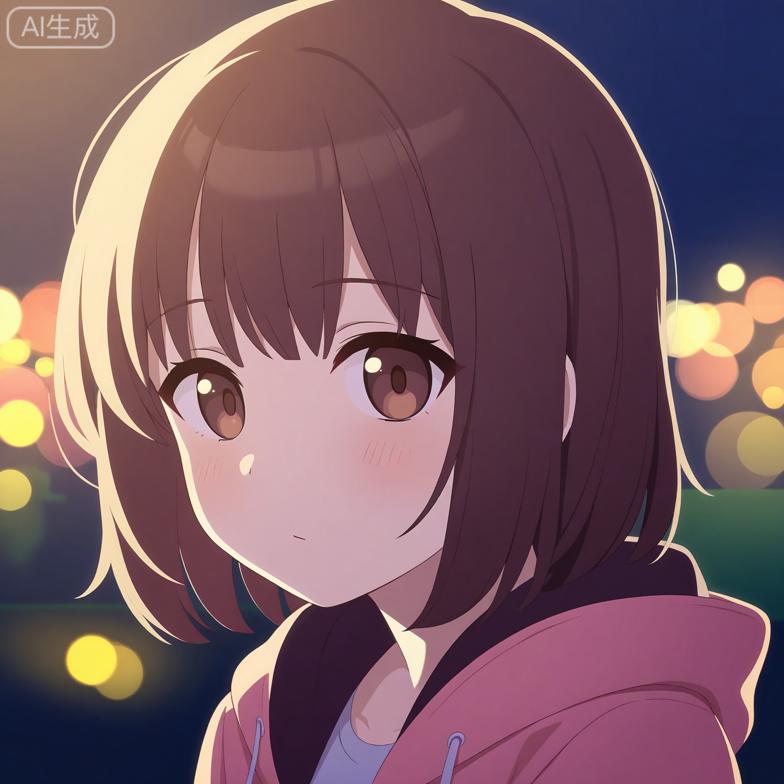1girl, solo,
short_hair, ash_brown_hair, brown_eyes,
upper_body, portrait, head_and_shoulders, close-up,
casual_clothes, hoodie,
looking_at_viewer, neutral_expression,
soft_blush,
night, convenience_store_background,
cool_light, neon_glow,
depth_of_field, bokeh,
clean_composition, high_detail, masterpiece