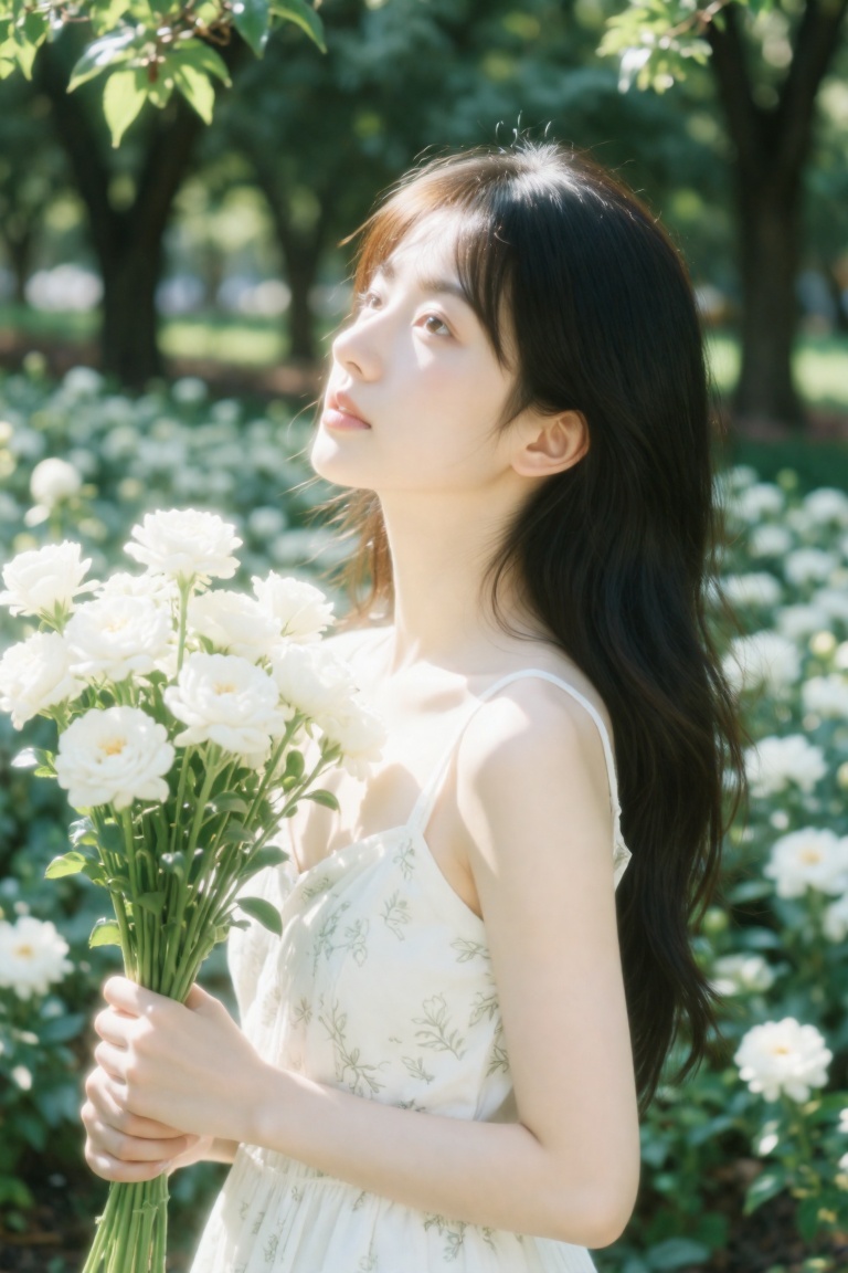 a photo-realistic shoot from a profile camera angle about a young woman standing in a lush garden surrounded by white flow...
