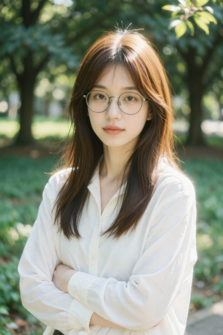 a photo-realistic shoot from a portrait camera angle about a young woman with glasses standing outdoors in a natural setti...