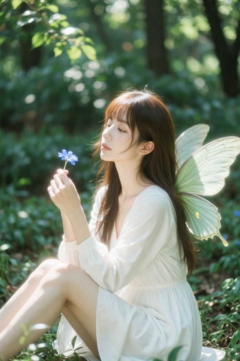 a photo-realistic shoot from a side camera angle about a young woman with butterfly wings sitting in a lush forest setting...