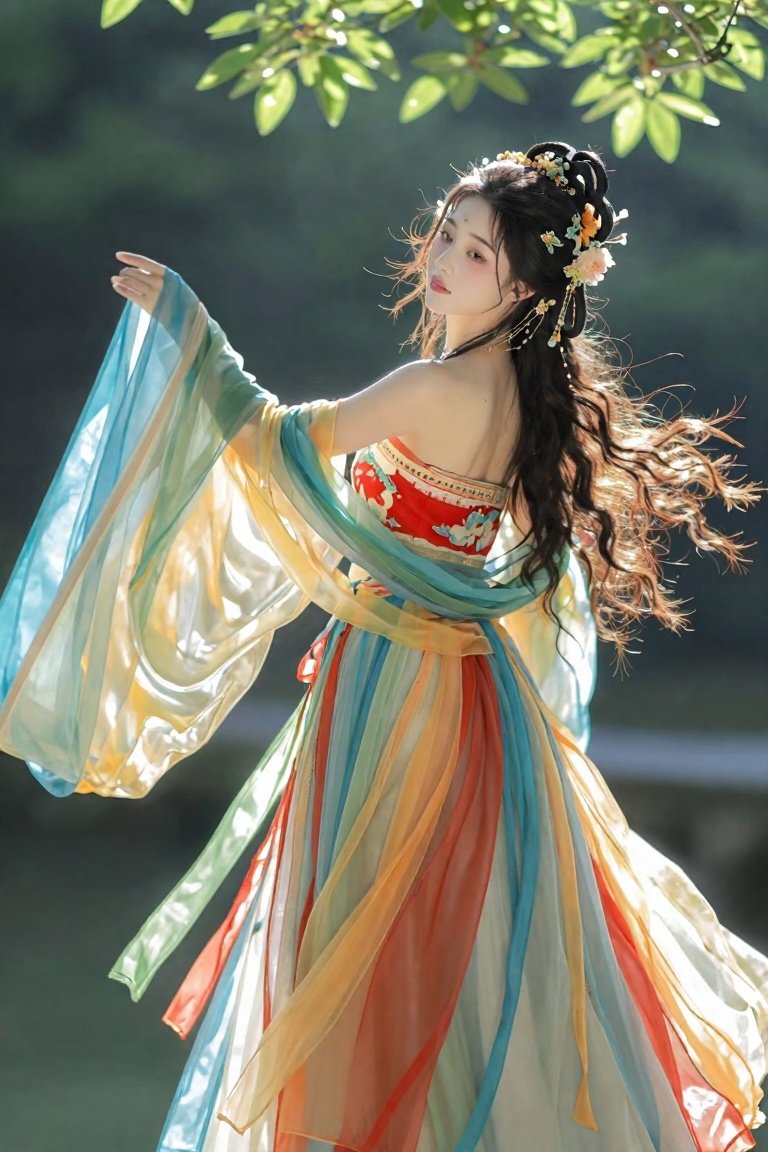 the image depicts a person in an elaborate,  flowing traditional outfit with vibrant colors,  the attire features a strapl...