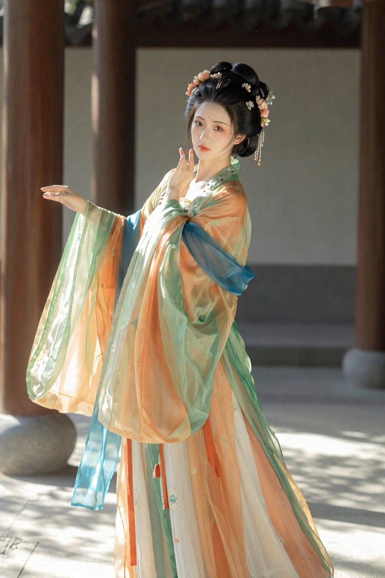 the image depicts a person dressed in an elegant,  traditional chinese hanfu,  the outfit features a flowing on Tensor.Art