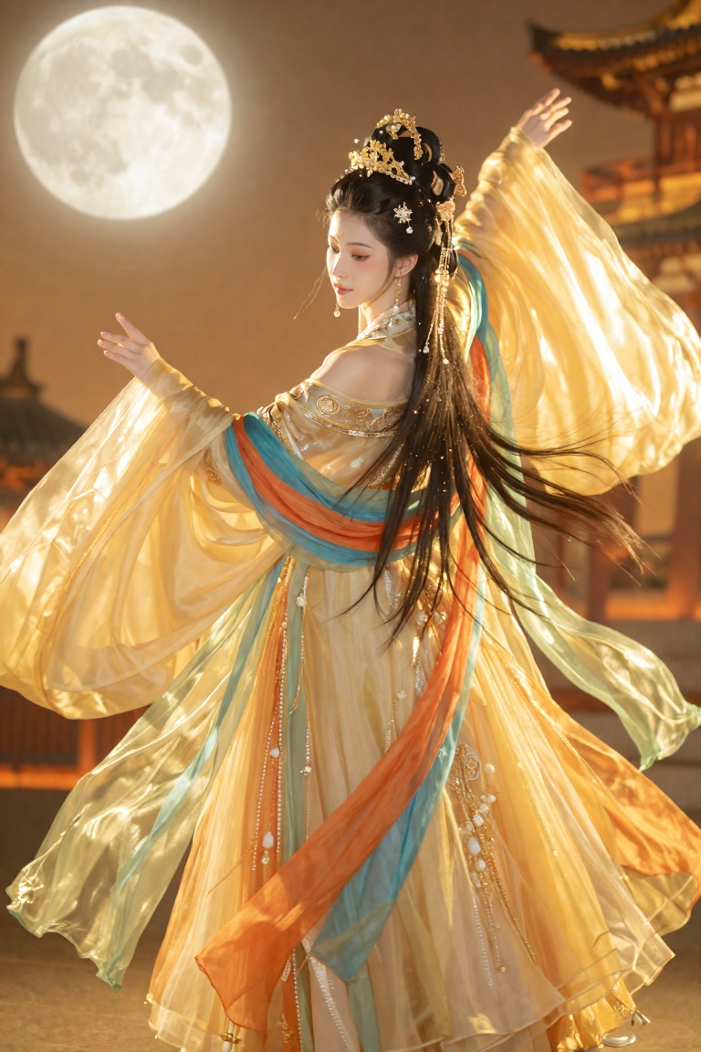 the image depicts a person dressed in an elaborate,  flowing traditional chinese garment with vibrant hues of gold,  orang...