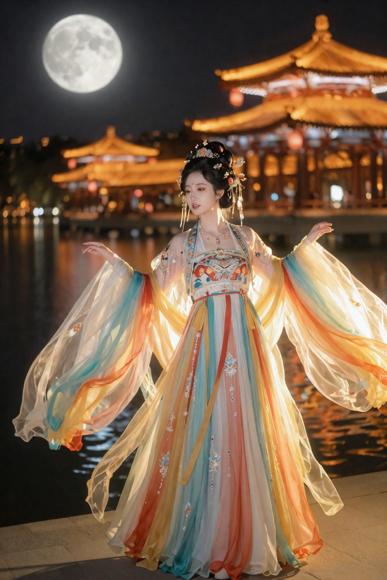 the image depicts a woman in an elaborate,  flowing traditional chinese-style dress with vibrant rainbow colors,  she stan...