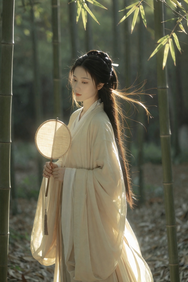 the image depicts a person dressed in traditional,  flowing robes,  standing amidst a serene bamboo forest on Tensor.Art