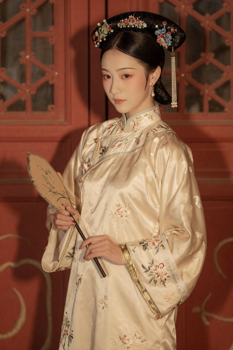 the image depicts a person dressed in an elegant,  traditional chinese outfit,  likely a qipao or similar style on Tensor.Art