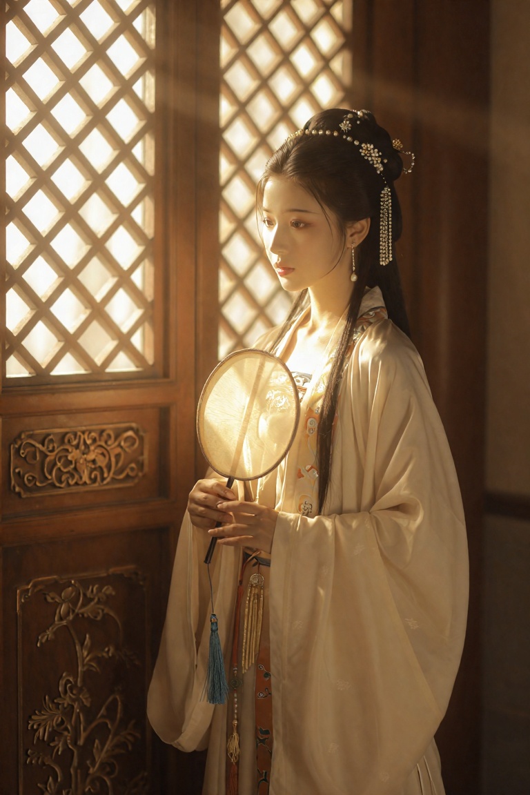 the image depicts a person dressed in traditional chinese attire,  standing near a lattice window that allows sunlight to...
