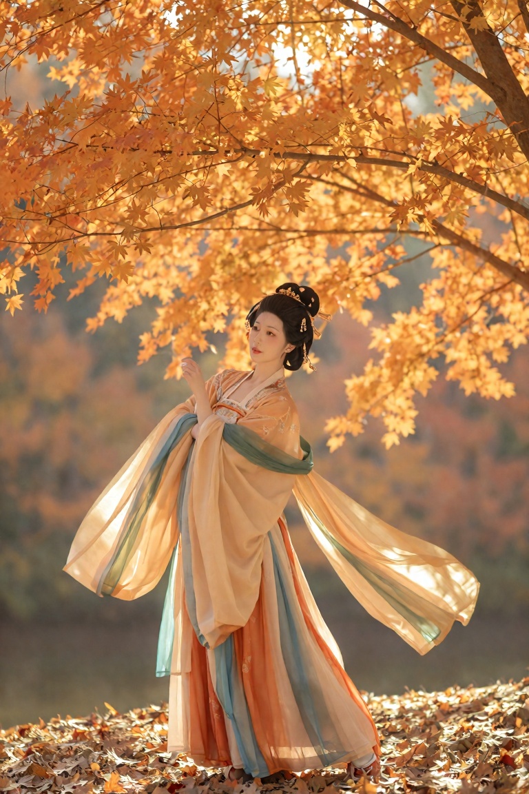the image depicts a person dressed in traditional hanfu attire,  standing under a canopy of autumn leaves,  the individual...