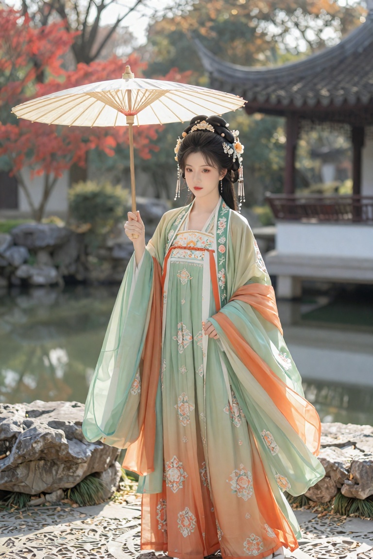 the image depicts a person dressed in an elaborate,  traditional chinese hanfu outfit,  standing outdoors in a serene gard...