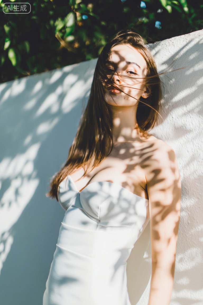 filmmood, a candid shot of a young woman \(huge chest\)  leaning against a textured white wall in a garden, beautiful dappled sunlight (komorebi) filtering through tree leaves casting intricate, organic shadow patterns on her face and white dress. Soft breeze blowing her hair, serene and peaceful expression. The lighting is soft but directional, creating a sense of a lazy summer afternoon. Natural makeup, authentic film photography look, soft focus background.