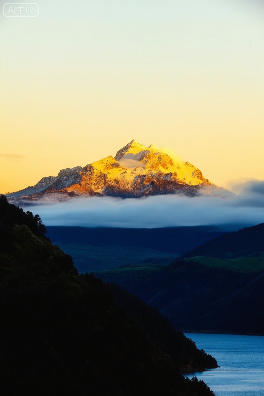 filmmood, The golden light of the setting sun shines on snow-capped mountains, with clouds in front of and behind them. The distant view is that the ****** scenery can be seen from Lingshan Mountain at night. In ancient times, it was a magnificent scene with a yellowish-white sky, golden mountain peaks, green vegetation, and a blue water surface below, captured in high-definition photography with high resolution and high detail
