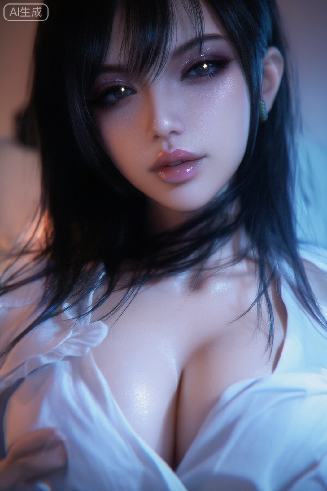 NVDI,黑色直发,蛇形耳环,眼睛特写,凝视镜头,白色衬衫,丰满的乳房,白皮肤反光水润玻璃感晕染唇釉,魅惑凝视镜头,冷艳,清冷,电影级冷暖光对冲,超精3D肌肤粒子（细腻肌肤/绒毛）,柔焦虚化背景,胶片颗粒质感。画面发光特效,焦点锁定眼部折射光斑。白色背景,景深,彩色滤镜,低角度,杰作,超级细节,超高质量,16K,大胸,191,filmmood