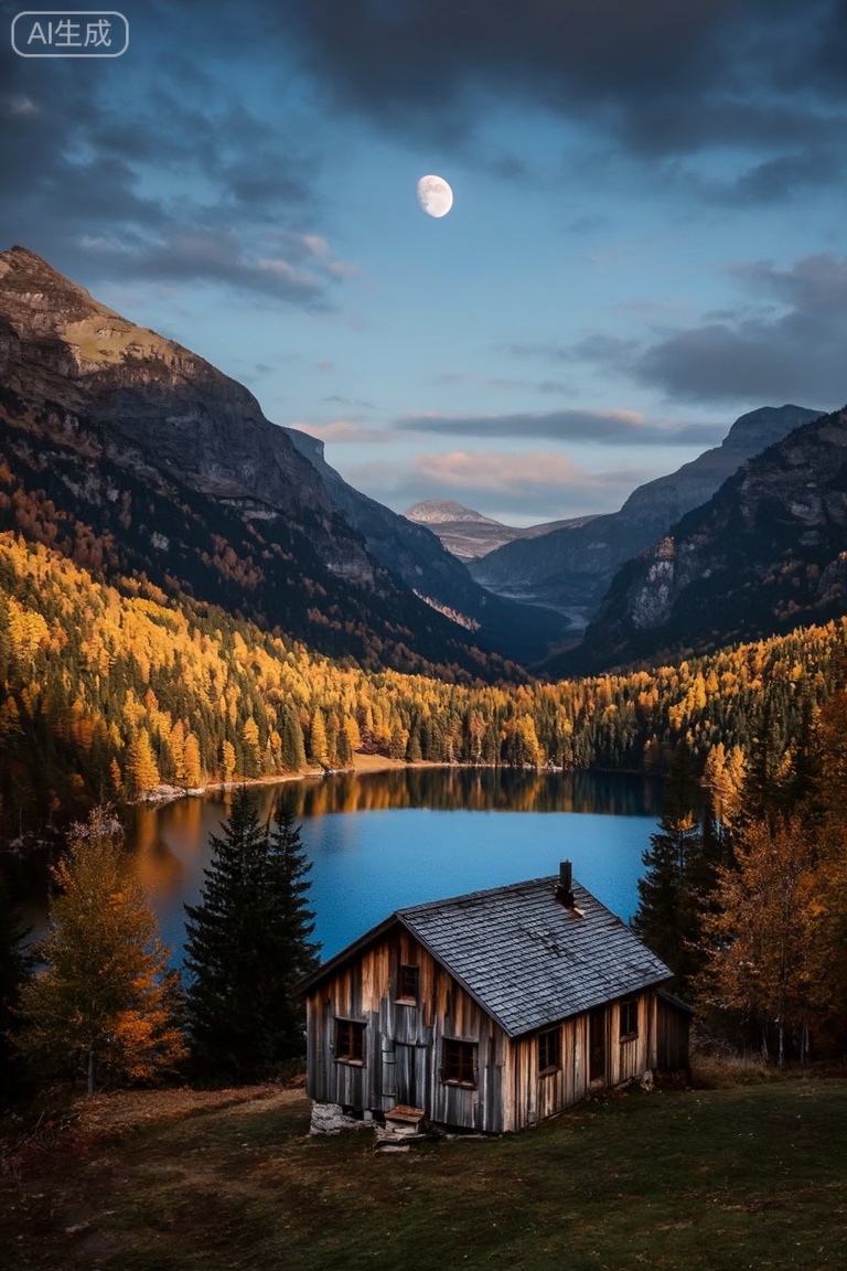 photo RAW,(autumn,mountains and a storm lake with a moon in the sky, old wooden slab home, 4k highly detailed digital art, 4 k hd wallpaper very detailed, impressive fantasy landscape, sci-fi fantasy desktop wallpaper, 4k wallpaper, 4k detailed hdr photography, sci-fi fantasy wallpaper, epic dreamlike fantasy landscape, 4k hd matte, 8k,Realistic, realism, hd, 35mm photograph, 8k), masterpiece, award winning photography, natural light, perfect composition, high detail, hyper realistic, (composition centering, conceptual photography), realistic, detailed, balanced, by Trey Ratcliff, Klaus Herrmann, Serge Ramelli, Jimmy McIntyre, Elia Locardi