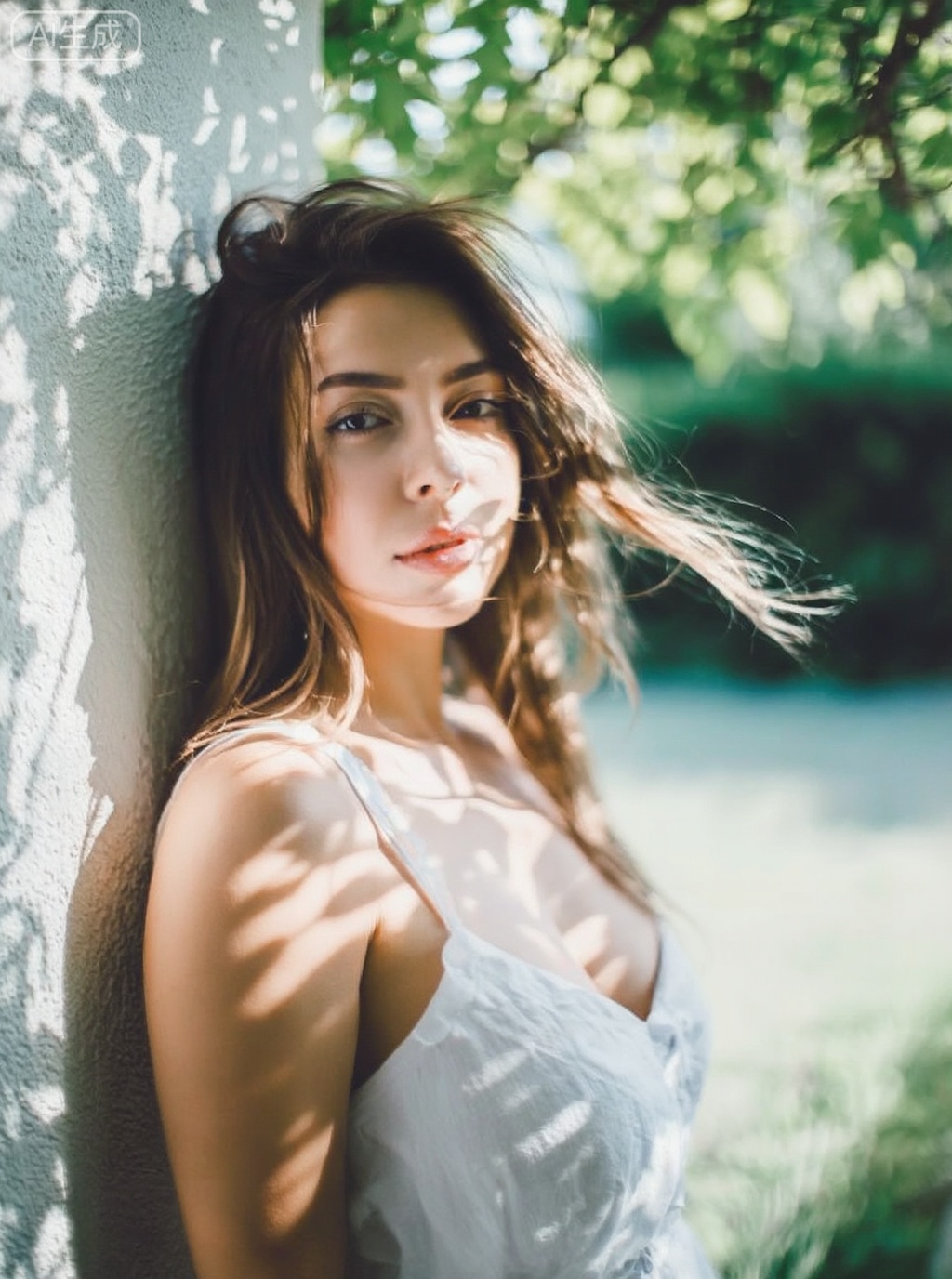 filmmood, a candid shot of a young woman \(big chest\)  leaning against a textured white wall in a garden, beautiful dappled sunlight (komorebi) filtering through tree leaves casting intricate, organic shadow patterns on her face and white dress. Soft breeze blowing her hair, serene and peaceful expression. The lighting is soft but directional, creating a sense of a lazy summer afternoon. Natural makeup, authentic film photography look, soft focus background.