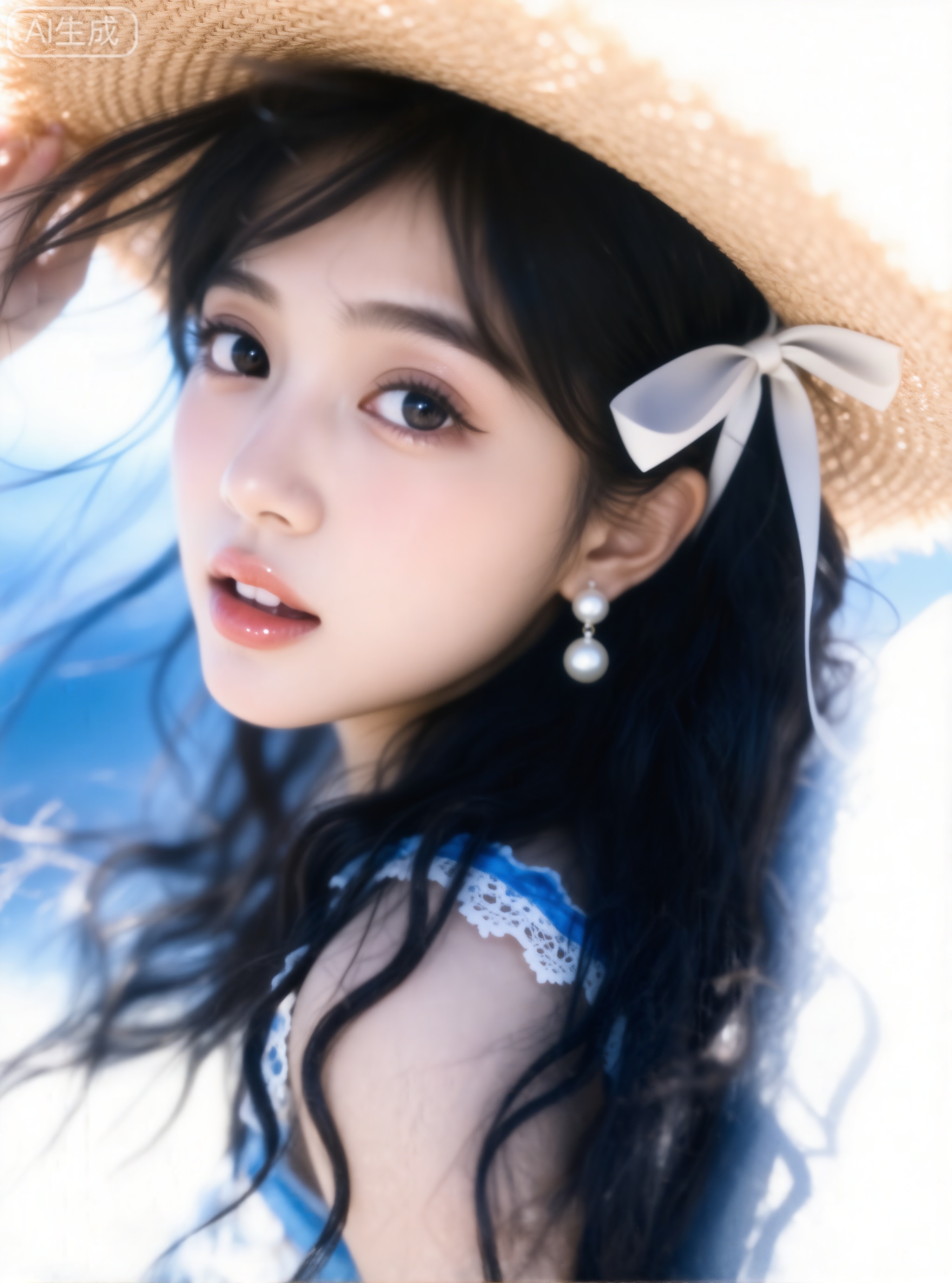 高清写实的画质,美少女,夏天,微风,阳光晒脸上,长发,大眼睛,沙滩草帽遮一半阳光,东方面孔女子写真摄影。一位散发着忧郁气质的千金大小姐,一头黑色长卷发。绝美的面容,精致的妆容,珍珠装饰,头上的丝带蝴蝶结增添了几分娇俏,身上的蓝白色蕾丝带随风飘动突显头发凌乱美,灵动,水润的唇微微张开,胶卷相片,大阳光,白色光斑,不清晰,大颗粒质感,柯尼卡胶卷质感,模糊,过度曝光,蓝调,近镜头脸部拍摄,眼睛特写,