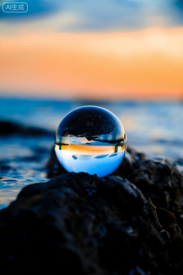 A transparent glass sphere filled with water is placed on top of a black rock in shallow waters at sunset. The sky has hues of orange and blue, indicating that it might be either sunrise or sunset. There are no texts visible in this image.,filmmood