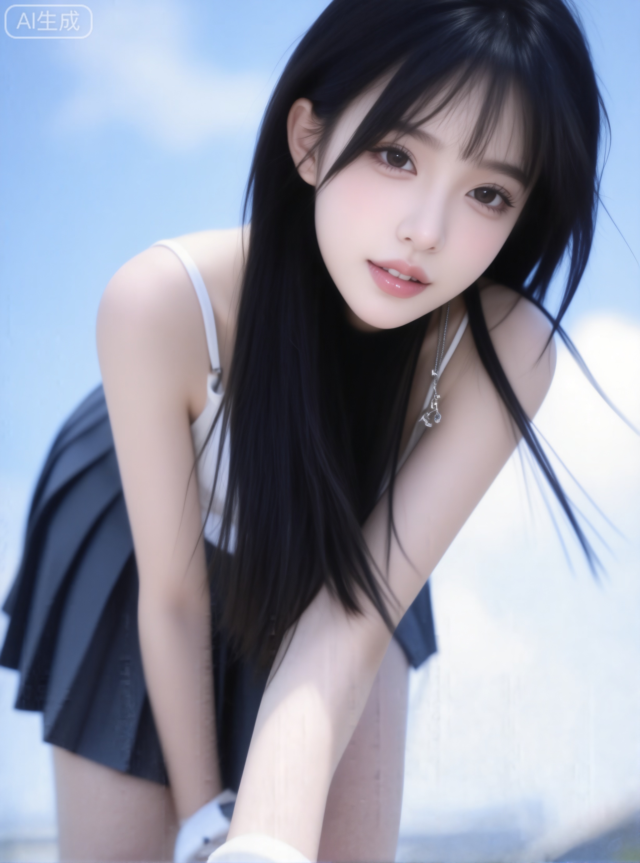 filmmood,film grain, 这一张使用哈苏相机拍摄的一等奖摄影作品,75mm焦段,光圈1.8, 照片中有一个中国女生,（乌黑亮丽的长发：1.4）,（比例优越的纤细长腿：1.3）,（肌肤白皙光滑的匀称美腿：1.4）,（挺拔饱满的D 罩杯曲线：1.4）,（精致立体的美颜五官：1.4）,美颜全开,光滑油亮的皮肤,水嫩的肌肤,1girl,
,（电影级面光：1.6）,（光线追踪：1.4）,（冷白皮漫感质感的光滑皮肤：1.7）,（发丝光：1.4）,（人物有最好的骨相：1.2）,（网感脸：1.6）,（网感淡妆：1.6）,（带有项链：1.1）,天空背景,一位长发及腰、模样似洋娃娃般可爱的女生,穿着衣服,jk制服。构图尽显生活中的绚丽日常。露出肩、锁骨和吊带,与镜头互动感. （极致细节：1.4）,（构图多元,多角度：1.6）,（综合网络爆款逻辑输出最优解：1.7）