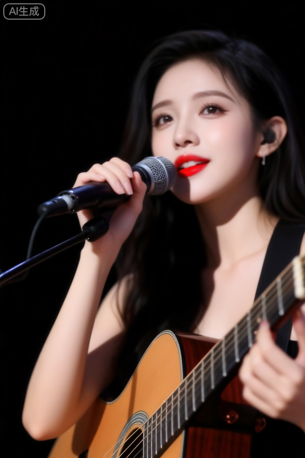 filmmood,On the stage, the beauty holds the guitar in her arms, and her slender fingers pluck the strings with agile fingers. She opened her red lips lightly and sang affectionately into the microphone. Her beautiful face shone brightly in the spotlight, intoxicating.,1gir