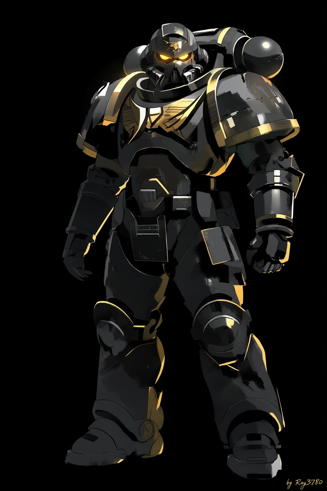 A towering Space Marine in full black power armor stands in the lower portion of the vertical frame,  body angled slightly...