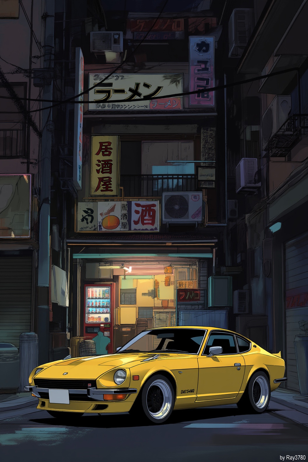 80s Japanese full colored manga illustration of a Yellow tuned 1973 DATSUN 240Z,  lightly tuned street setup,  clean class...