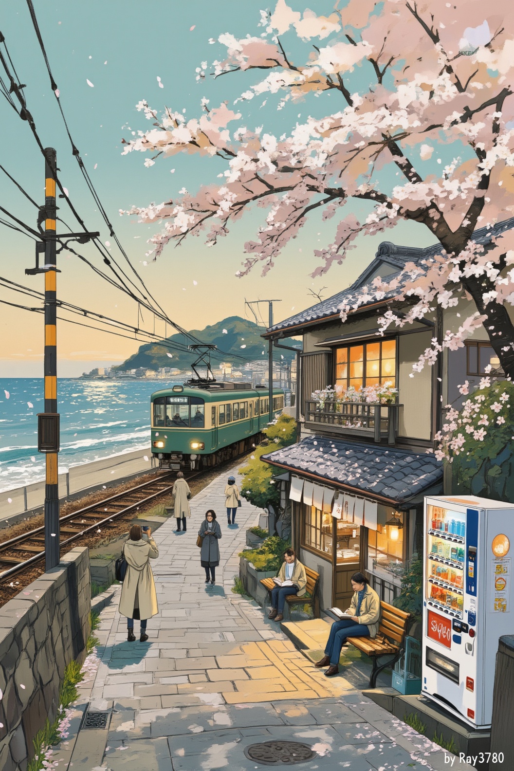 超高清插画,  春日清晨的日本镰仓海边小镇,  淡青与浅金渐变的晨光天空 on Tensor.Art