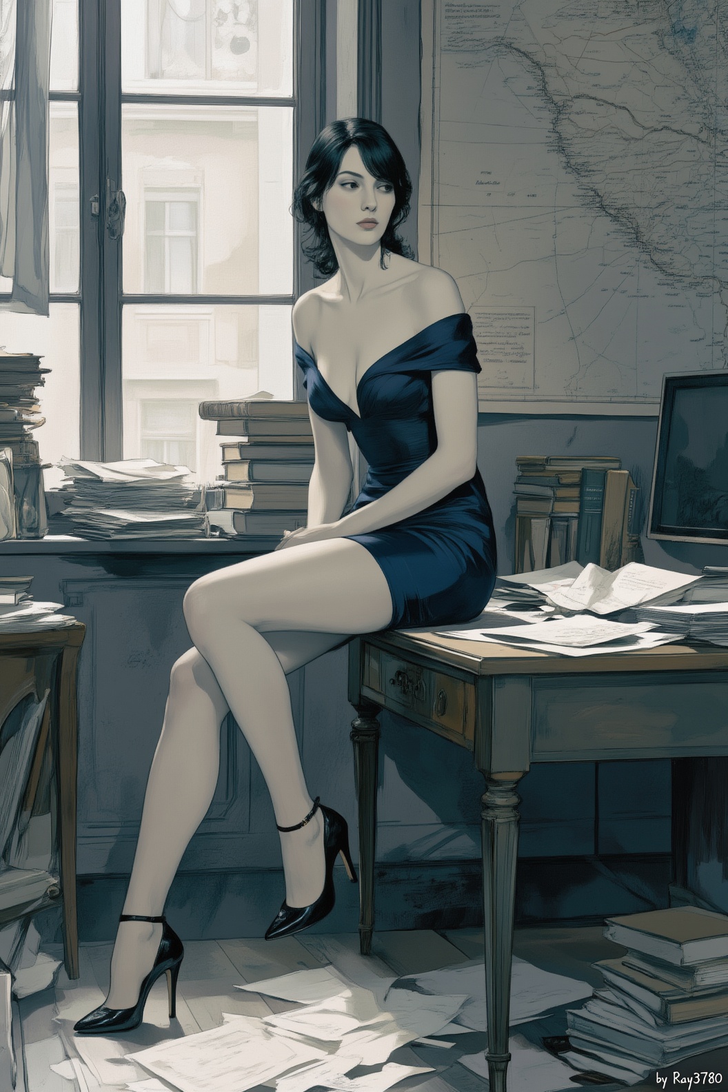 Igor风格插画,  一位肤色白皙、黑发的女子,  身着深蓝色露肩深V领连衣裙 on Tensor.Art